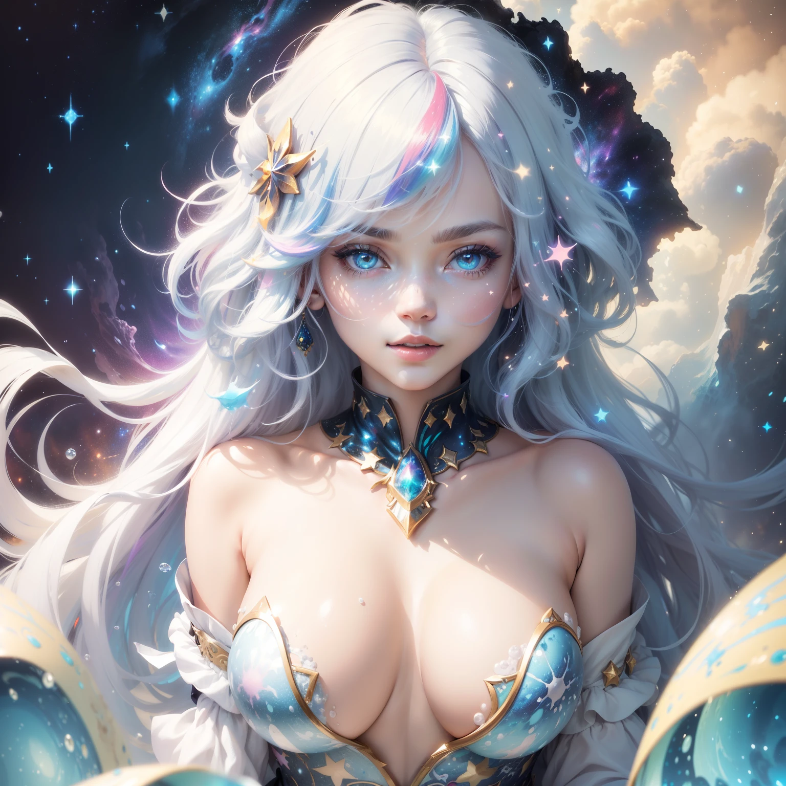 -((masterpiece)), (((best quality))), ((ultra-detailed)), ((illustration)),[realism light effect],shadow,(Fantasy style),(white background:1.6), simple background, (earth theme),(a cloak)[(hair focus,((1girl)),[(big slime hair): (cloud hair):0.3], (hair on background),(high saturation),(hair surrounded by galaxy splashes),(hair surrounded by white dot)):((her hair is becoming galaxy clouds,:1.27628), (hair and clothes is galaxy clouds and cluster of stars:1.1025),(a cloak is becoming galaxy clouds)(colorful_galaxy_print_clusters_of_stars_print:1.35),((detailed starry sky with colorful galaxy and galaxy clouds):1.2)):0.35], (((masterpiece))),(((best quality))),((ultra-detailed)),(illustration),(dynamic angle),((floating)),(paint),((disheveled hair)),((beautiful detailed face)),collar,bare shoulders,white hair, ((colorful hair)),((streaked hair)),beautiful detailed eyes,(Gradient color eyes),(((colorful eyes))),(((colorful background))),(((high saturation))),(((surrounded by colorful splashes))),(((surrounded by colorful dot))),colorful bubble,((shining))