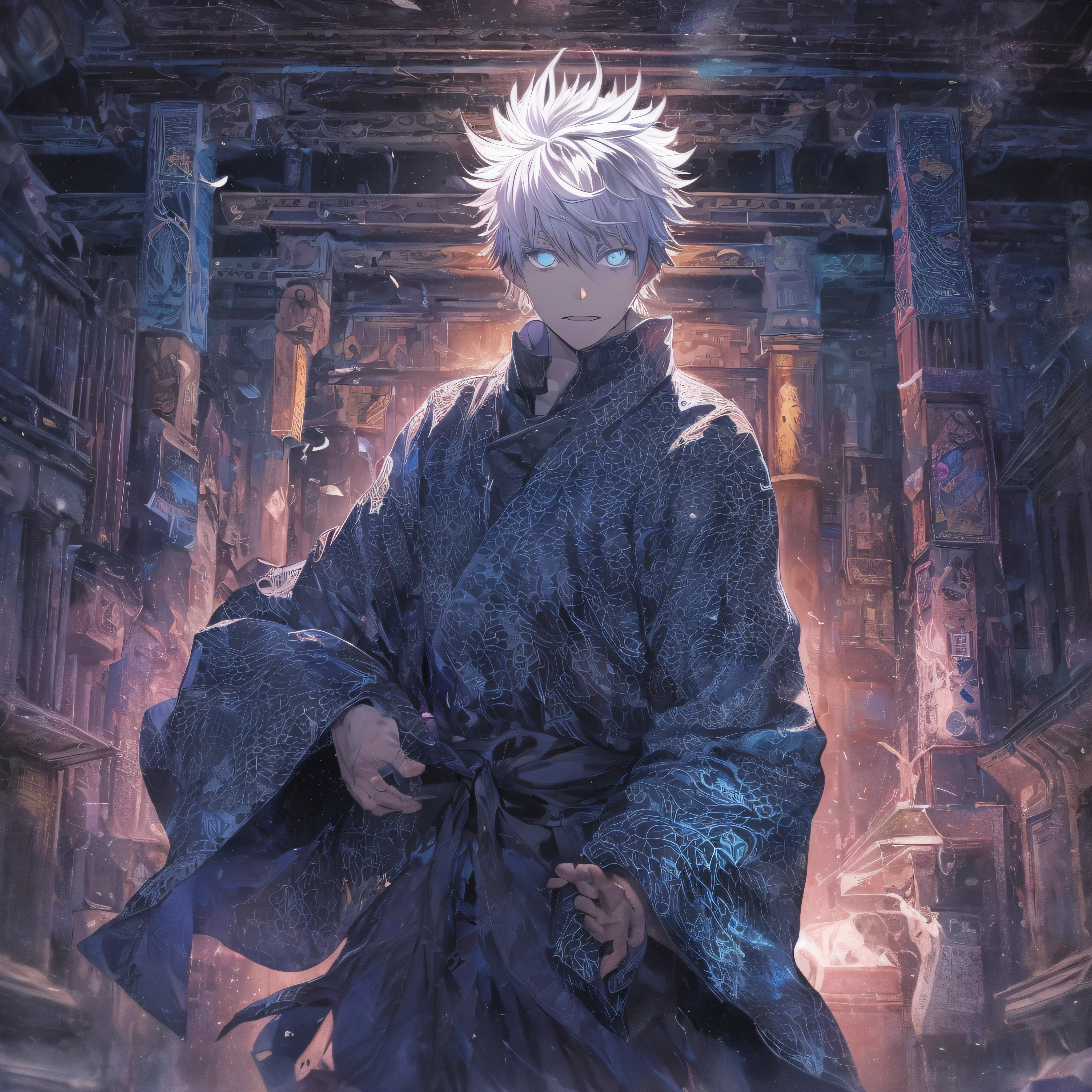 (masterpiece, illustration, anime:1.3), 1 person, Satoru Gojo from Jujutsu Kaisen, (classic black attire:1.2), standing inside a temple at night, (messy white hair:1.1), (blue eyes emitting blue light:1.2), (calm expression:1.1), (uncovered eyes:1.1), (powerful presence:1.2), (mystical atmosphere:1.2), (subtle moonlight:1.1), (intricate temple architecture:1.2), (ominous shadows:1.1), (flowing robes:1.1), (detailed folds and creases:1.1), (intense blue aura:1.2), (symbols of power surrounding him:1.1), (magical energy radiating:1.2), (spellcasting gestures:1.1), (mysterious artifacts:1.1), (ethereal particles:1.1), (dynamic pose:1.2), (epic soundtrack:1.2), (sense of awe:1.1), (magical prowess:1.1), over power, power up, sphere, extreme, focused.