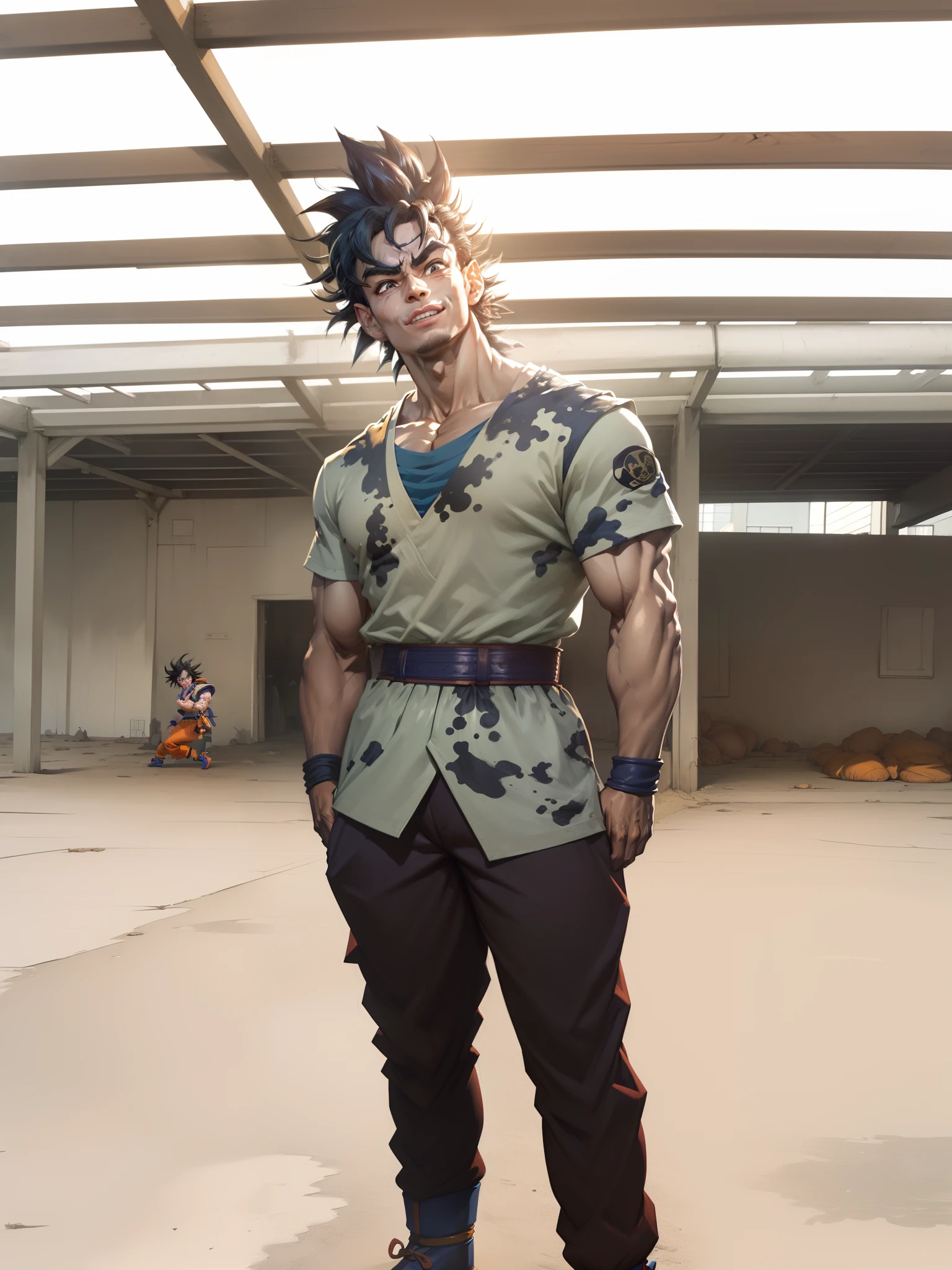 Highly detailed, High Quality, Masterpiece, beautiful, TurtleSchoolUniform, 1boy, solo, light smile, full body, dougi, belt, orange pants, blue footwear, Broly, broly, muscular male, scar, scar on face, black hair,