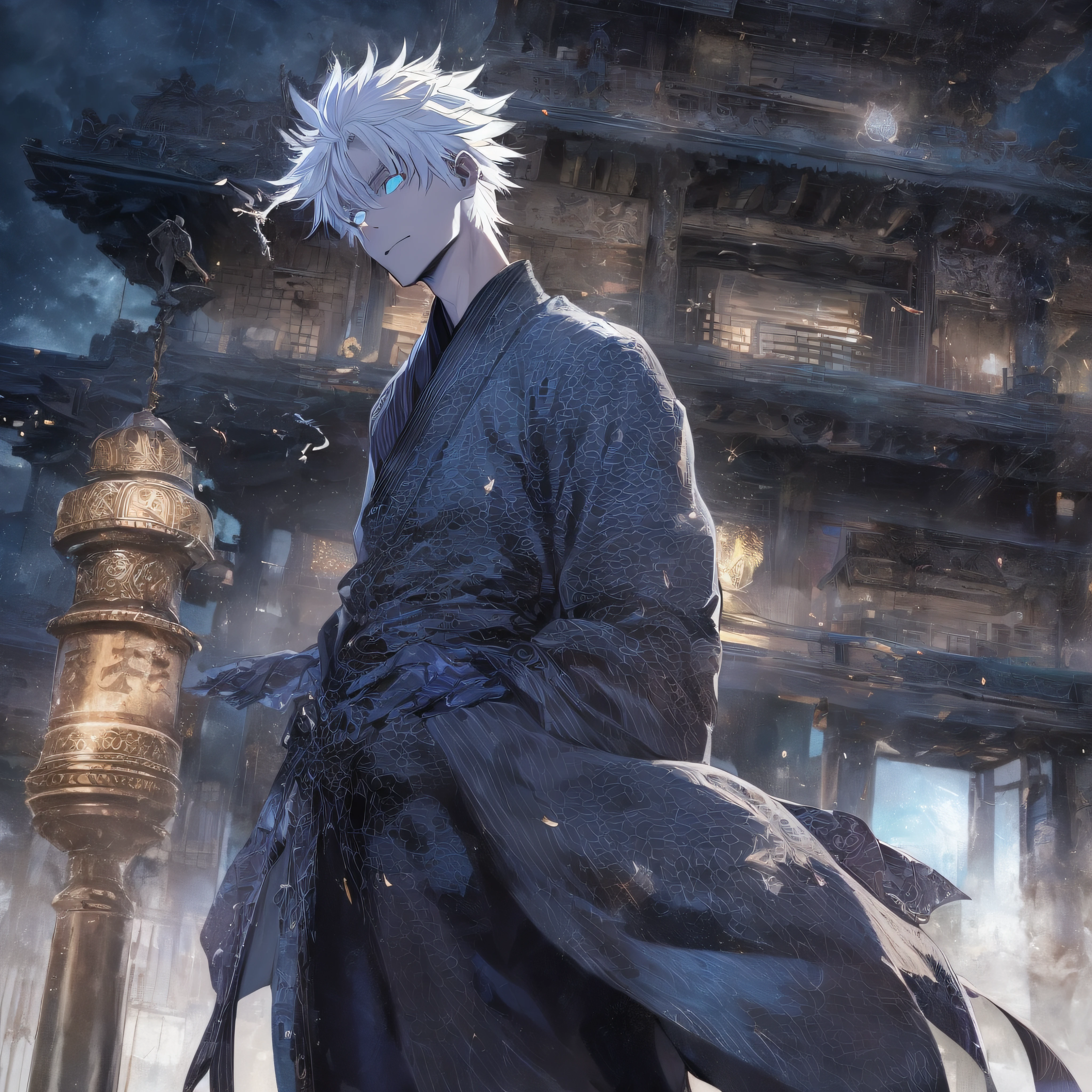 (masterpiece, illustration, anime:1.3), 1 person, Satoru Gojo from Jujutsu Kaisen, (classic black attire:1.2), standing inside a temple at night, (messy white hair:1.1), (blue eyes emitting blue light:1.2), (calm expression:1.1), (uncovered eyes:1.1), (powerful presence:1.2), (mystical atmosphere:1.2), (subtle moonlight:1.1), (intricate temple architecture:1.2), (ominous shadows:1.1), (flowing robes:1.1), (detailed folds and creases:1.1), (intense blue aura:1.2), (symbols of power surrounding him:1.1), (magical energy radiating:1.2), (spellcasting gestures:1.1), (mysterious artifacts:1.1), (ethereal particles:1.1), (dynamic pose:1.2), (epic soundtrack:1.2), (sense of awe:1.1), (magical prowess:1.1), over power, power up, sphere, extreme, focused.