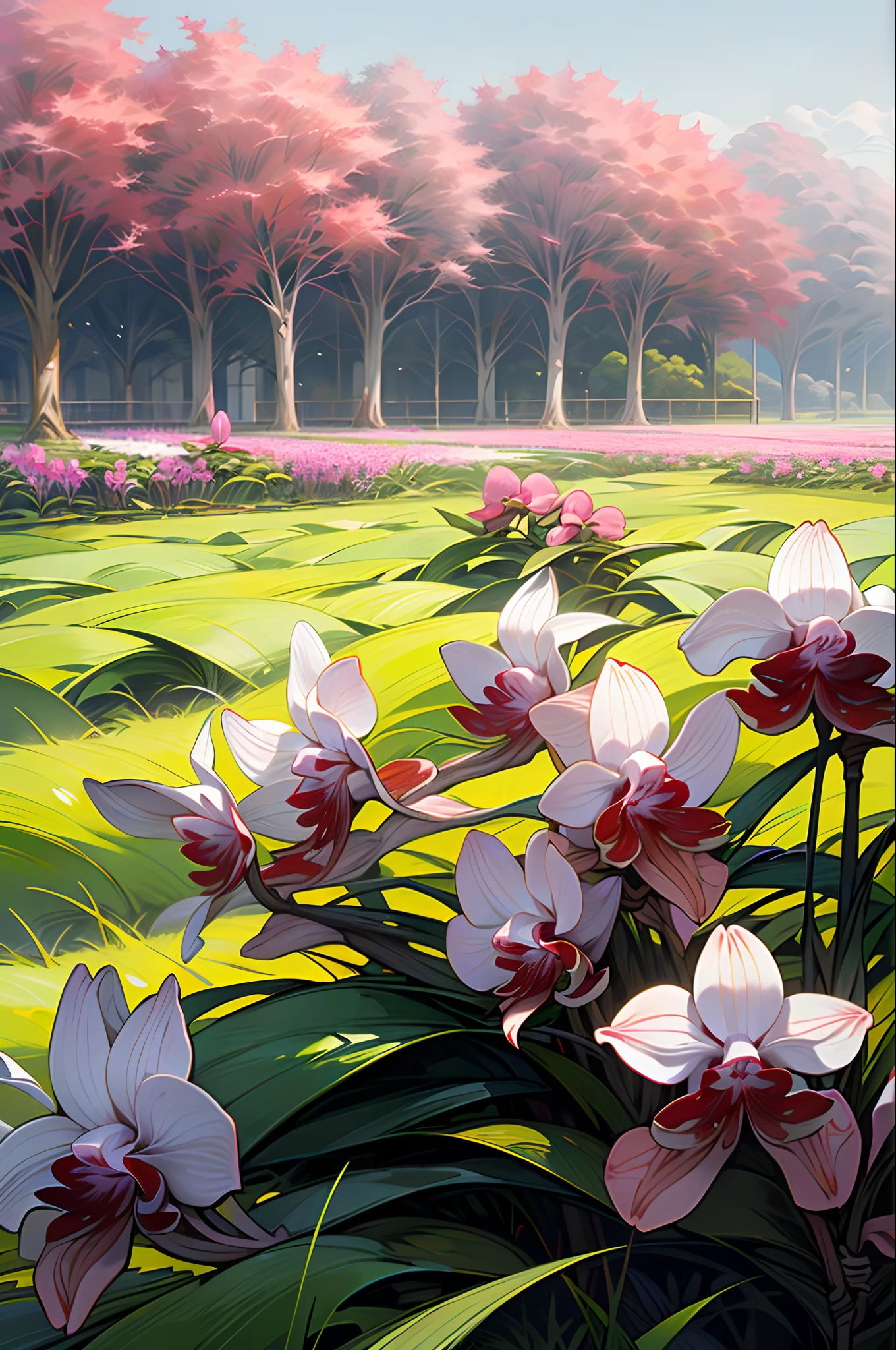 an orchid flower,grassy fields