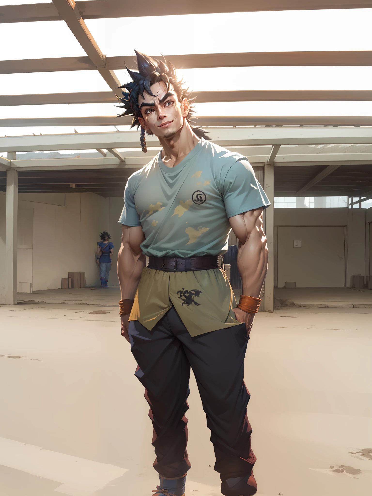 Highly detailed, High Quality, Masterpiece, beautiful, TurtleSchoolUniform, 1boy, solo, light smile, full body, dougi, belt, orange pants, blue footwear, Broly, broly, muscular male, scar, scar on face, black hair,