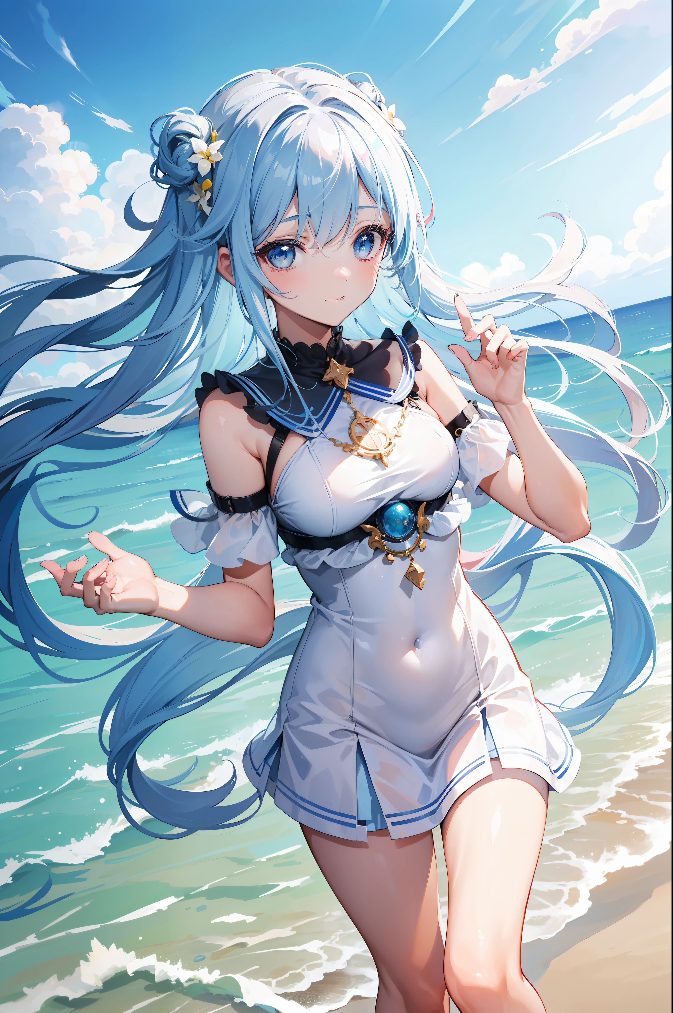 Illuminated by the setting sun、Pretty girl。A smile、Light blue hair、long。Black eyes、White thin one piece swimsuit、Beach Waves。Face Highlights