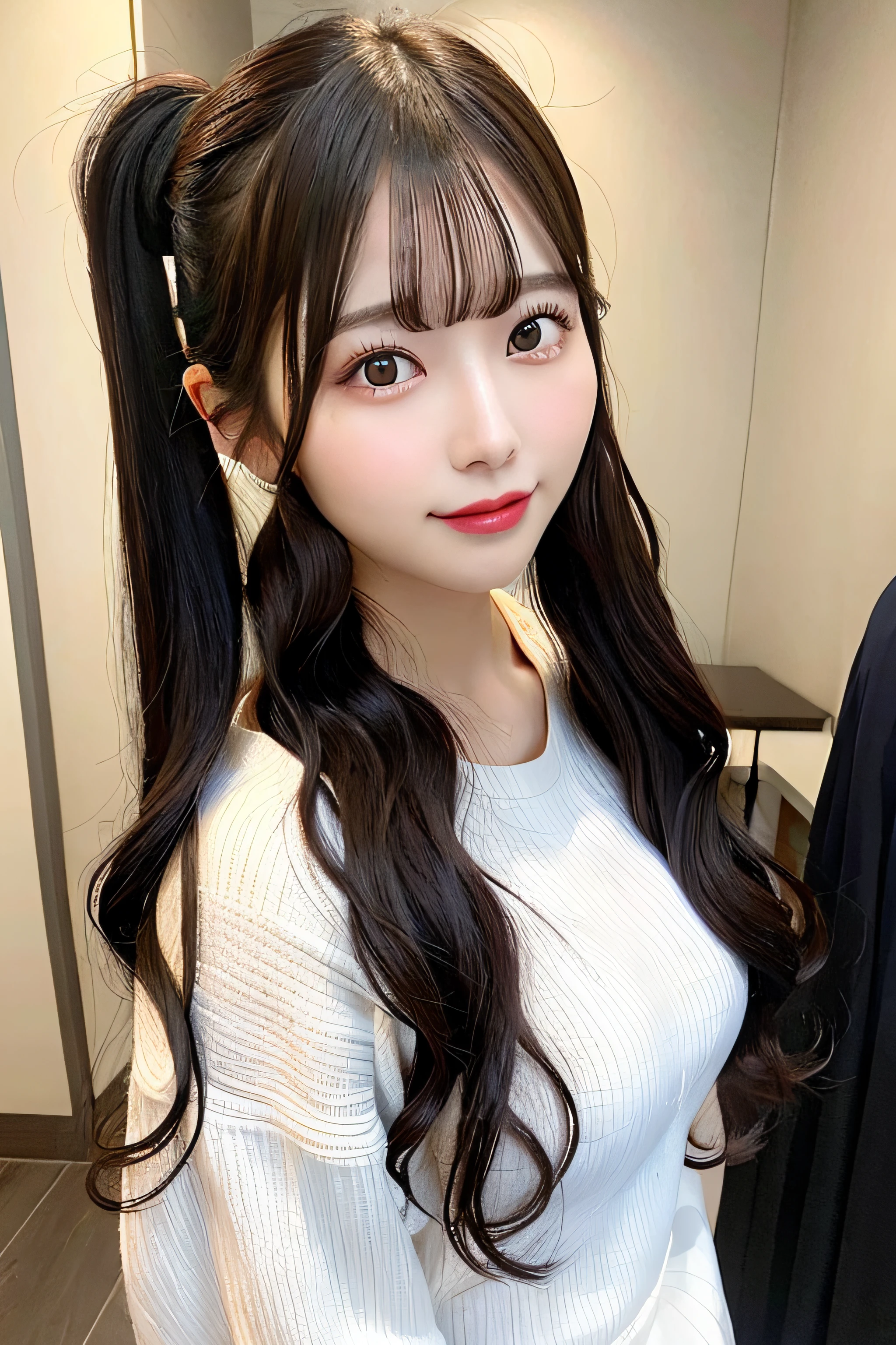 Araf woman with long hair in white top posing for photo, Beautiful young Korean woman, Gorgeous young Korean woman, curly bangs and ponytail, Young adorable Korean face, beautiful Korean women, Portrait of female Korean idol, twintails hairstyle, Korean Girl, Asian girl with long hair, Korean Woman, Ponytail Black Hair, cute young woman, Popular Korean Makeup,(a smile:1.8)、(realisitic:1.8)