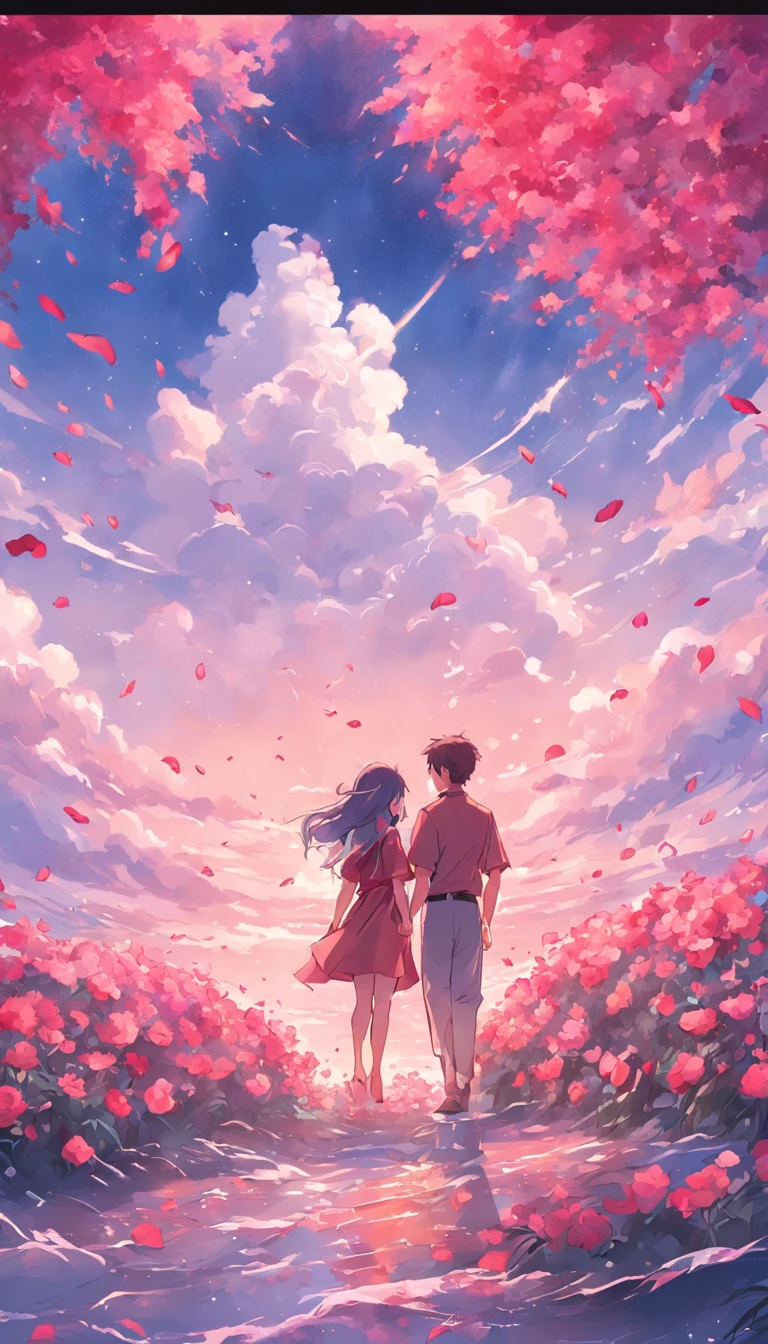 In a romantic atmosphere,couple cuddling,Stroll through the Sea of Roses,Under the blue sky and white clouds,Feel the romantic theme of Valentine's Day。