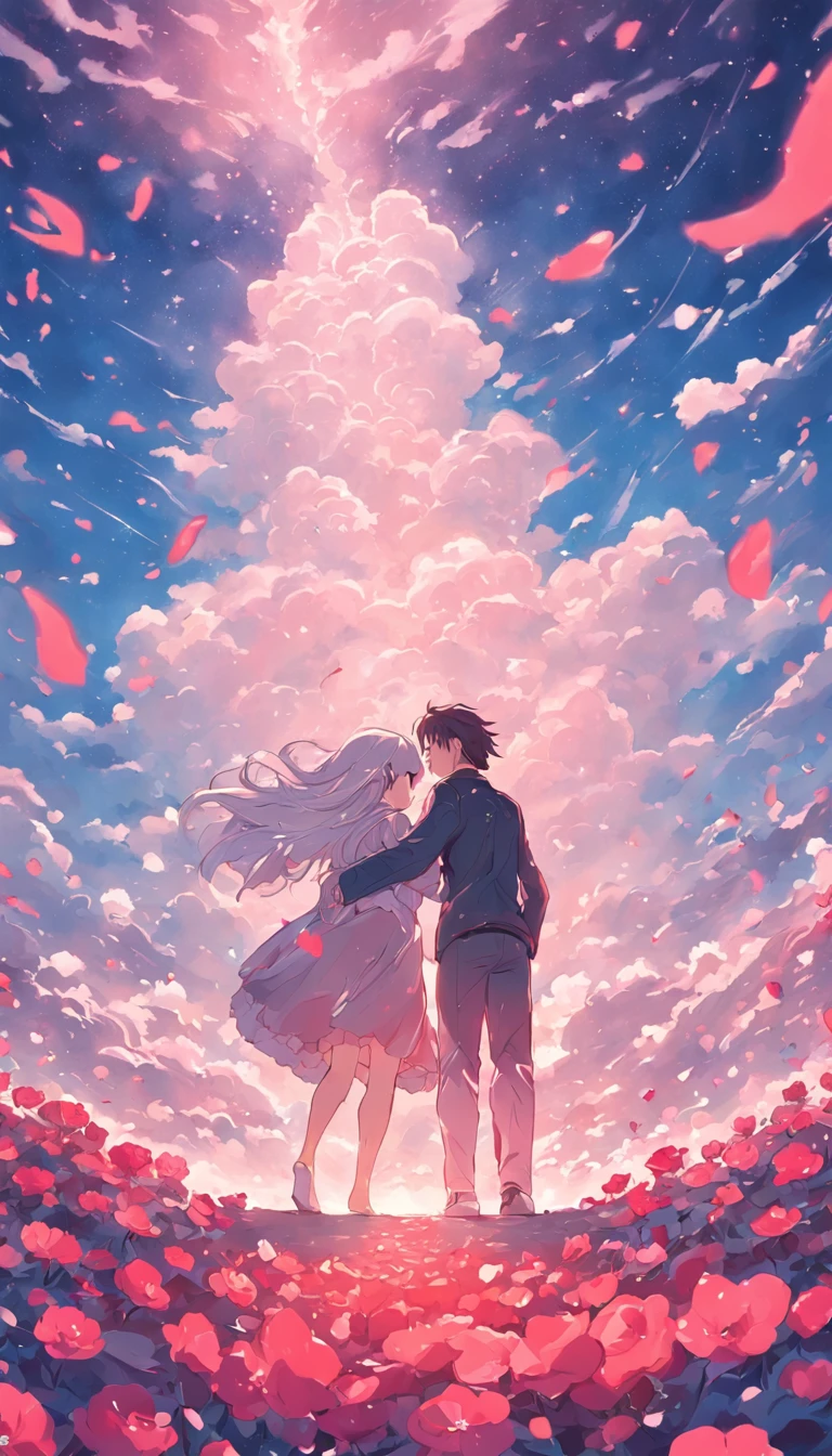 In a romantic atmosphere，couple cuddling，Stroll through the Sea of Roses，Under the blue sky and white clouds，Feel the romantic theme of Valentine's Day。