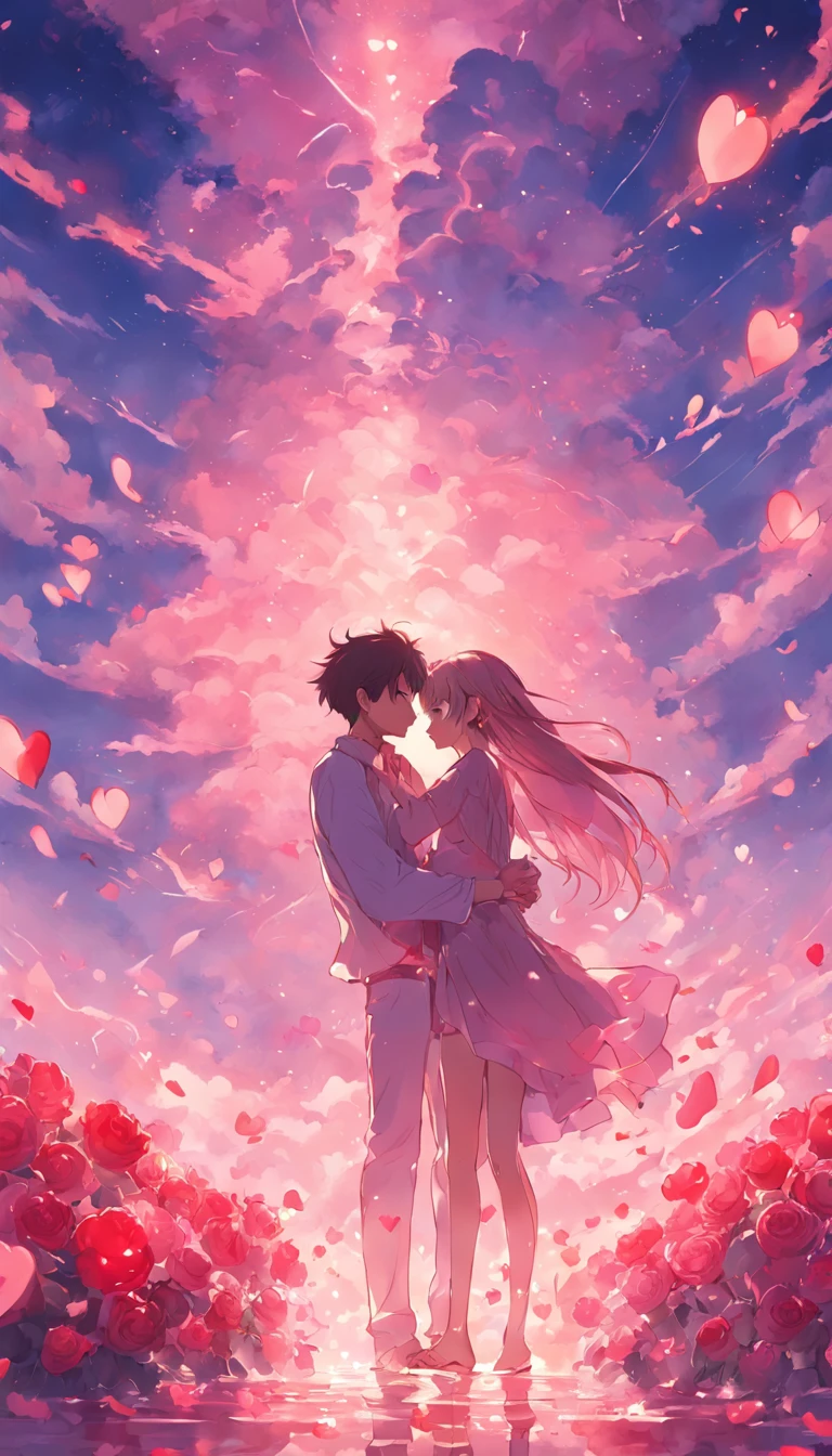 In a romantic atmosphere,couple cuddling,Stroll through the Sea of Roses,Under the blue sky and white clouds,Feel the romantic theme of Valentine's Day。
