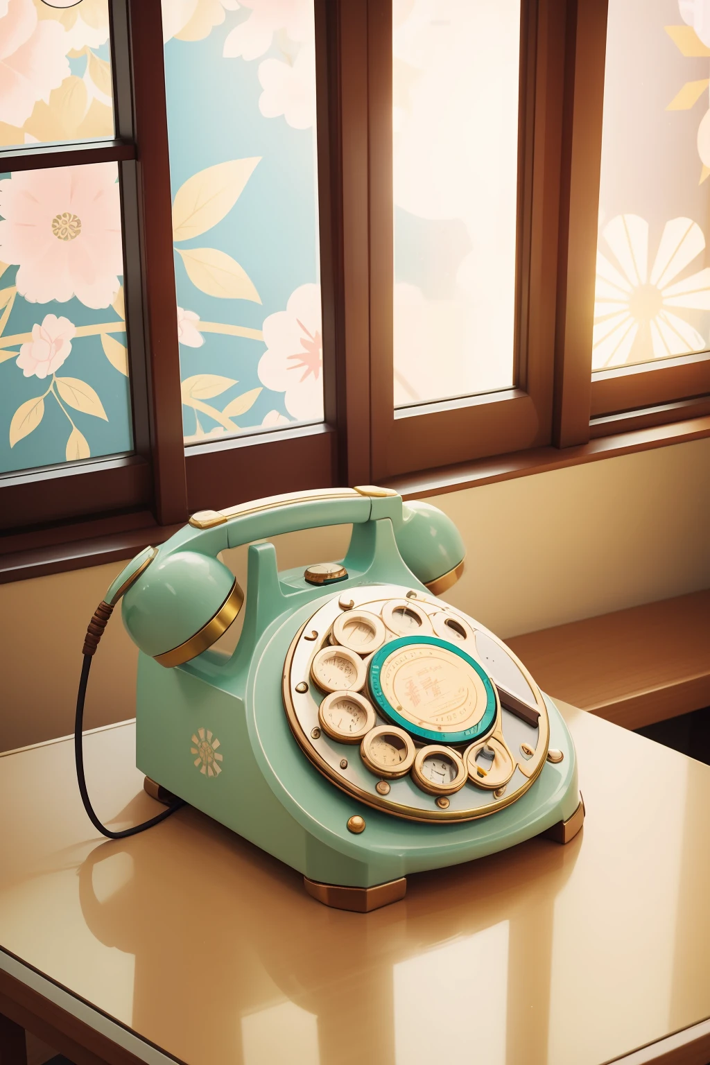 Date: 1945
Location: Tokyo, Japan
Description: A pastel-colored retro phone with a rotary dial sits on an ornate side table, its dial glinting as the sunlight streams through a nearby window.