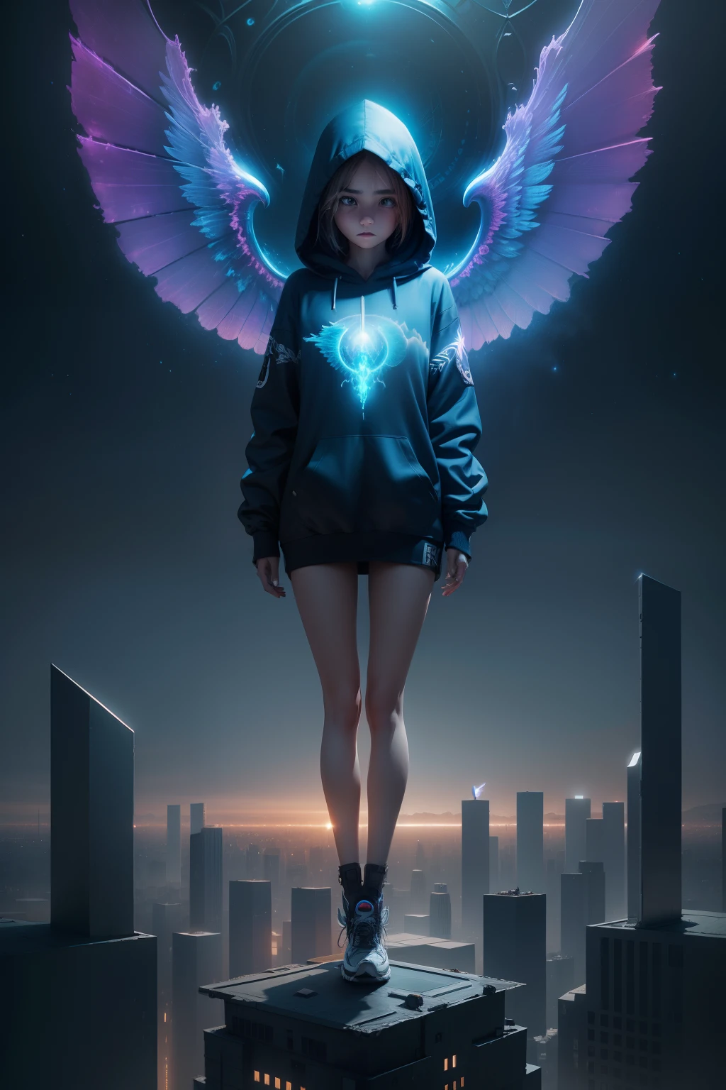 1girl, hoodie, glowing wings, stand on the roof of high tall builuding, ultra detailed, 8k, masterpiece, bestquality, (surreal art:1.4)