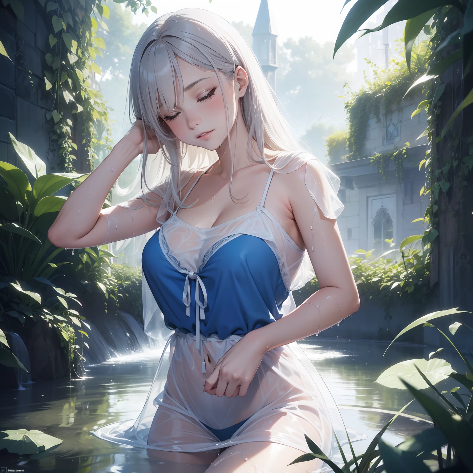Margaret Tarrant art style, Alice in wonderland, Alice taking a nap in a translucent camisole sweat wet drenched see through transparent Body shapes and lines can be seen through large round breast, beautiful innocent face detailed high resolution
