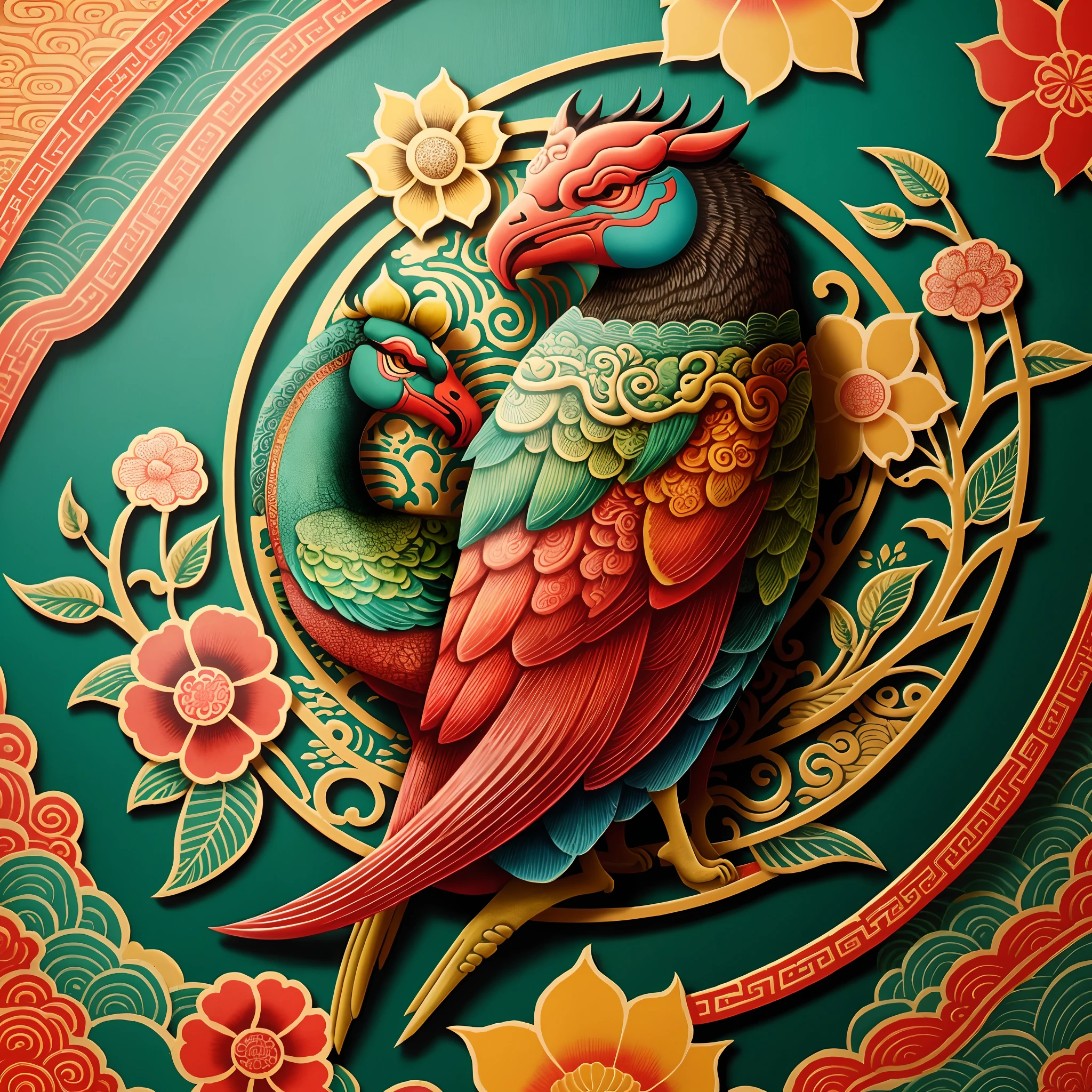 Stamps depicting flora and fauna,Psychedelic 2D style, China-style,Colorful, Chinese folk art