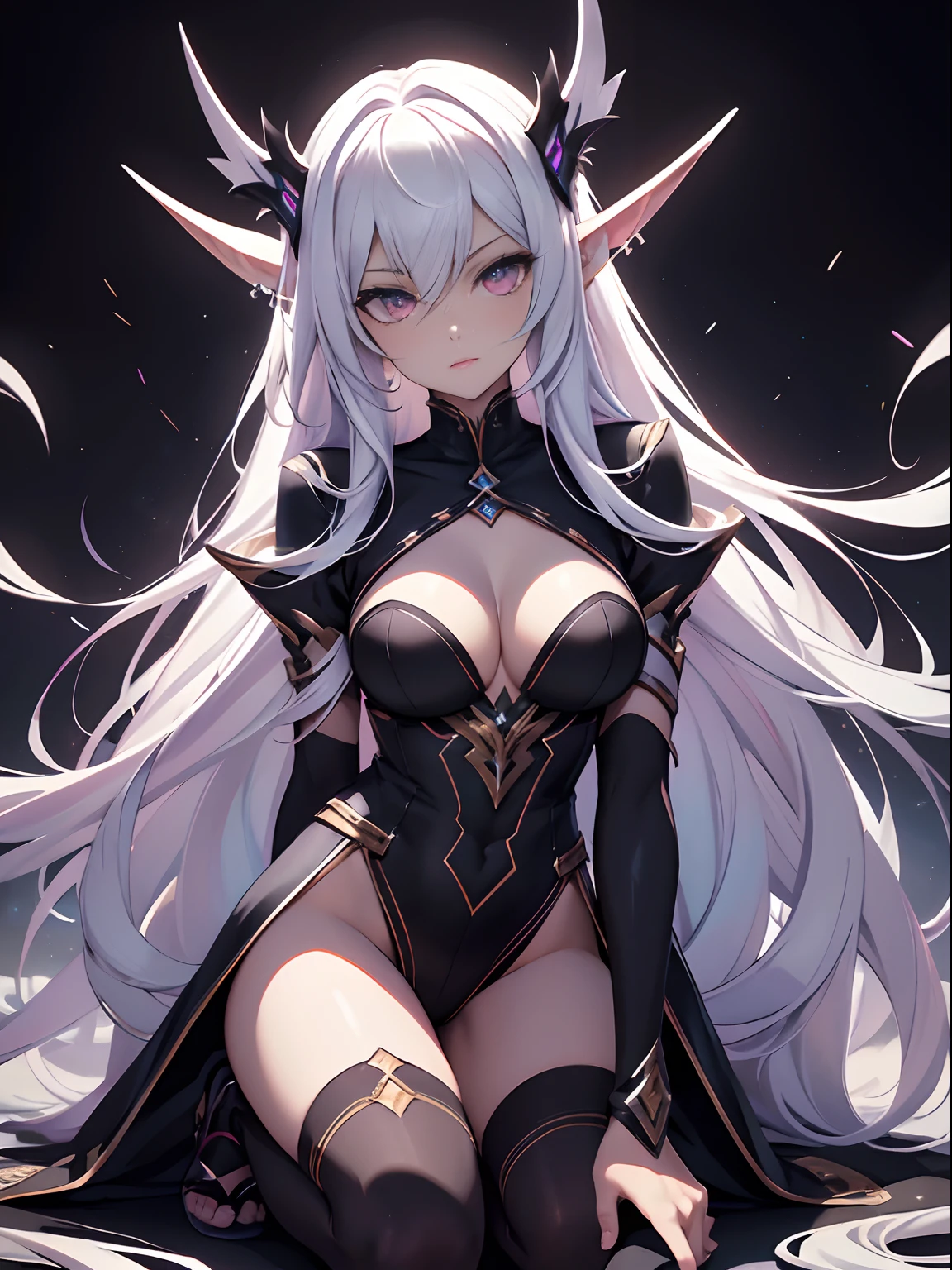 best qualityer,tmasterpiece,Ultimate resolution,downy,Extremely colorful,Colorful,Night,dark night background,Long flowing white hair,(Dark Elves),Kneeling pose,Kneeling pose,a matural female,Black pedal socks,(heeled sandals),Extremely normal posture,Normal posture