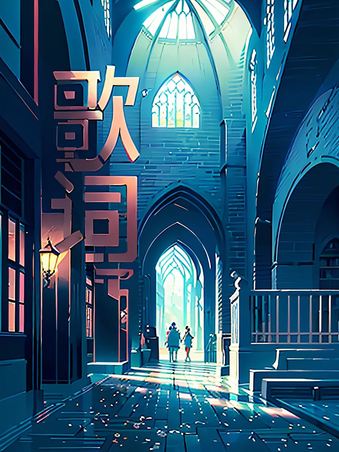 Expansive library scene, (catwalks:1.2), (archs:0.8), (pillars:0.8) ,Roses are in full bloom , (Ecological barbarism:1.2), Expansive scenery outside the window,Strong contrast,Light,Powder blue color scheme,sense of science and technology,k hd,Freshness,sacred place