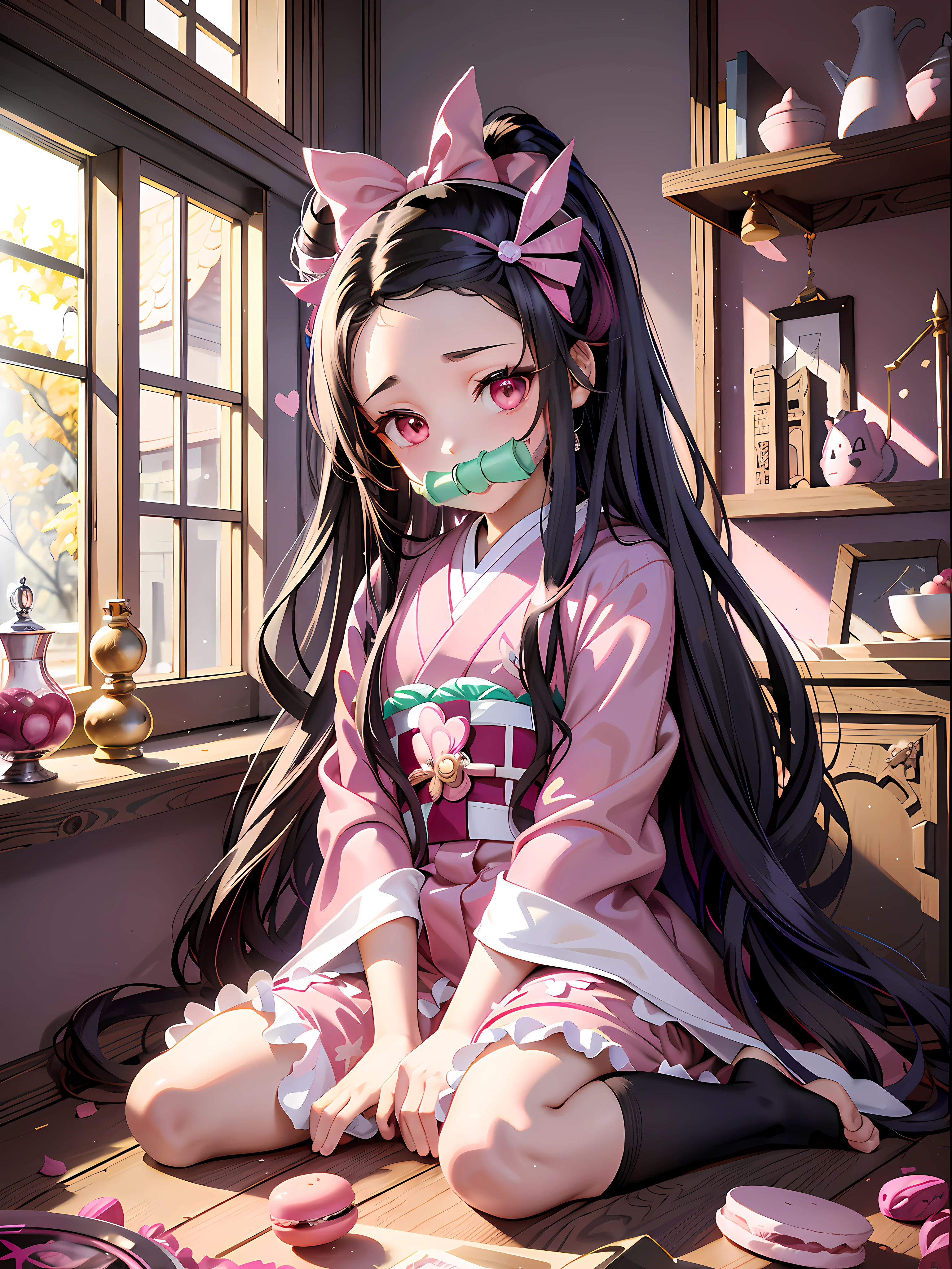 1girl (masterpiece) (highest quality) (shiny hair) (shiny skin), kamado nezuko, demon slayer style, black hair, forehead, hair ribbon, kimono, long hair, multicolored hair, pink eyes, pink kimono, pink ribbon, ribbon, very long hair, gagged, bit gag, (5 years old, loli: 1.2) (pink cute room), (pink gothic room), (messy room, fairy tale, Macarons, candy, heart items, ribbons, star items, small windows, (sundries are placed in a mess), dresser, anti-makassar, wariza, sitting, squatting, kneeling, between the legs