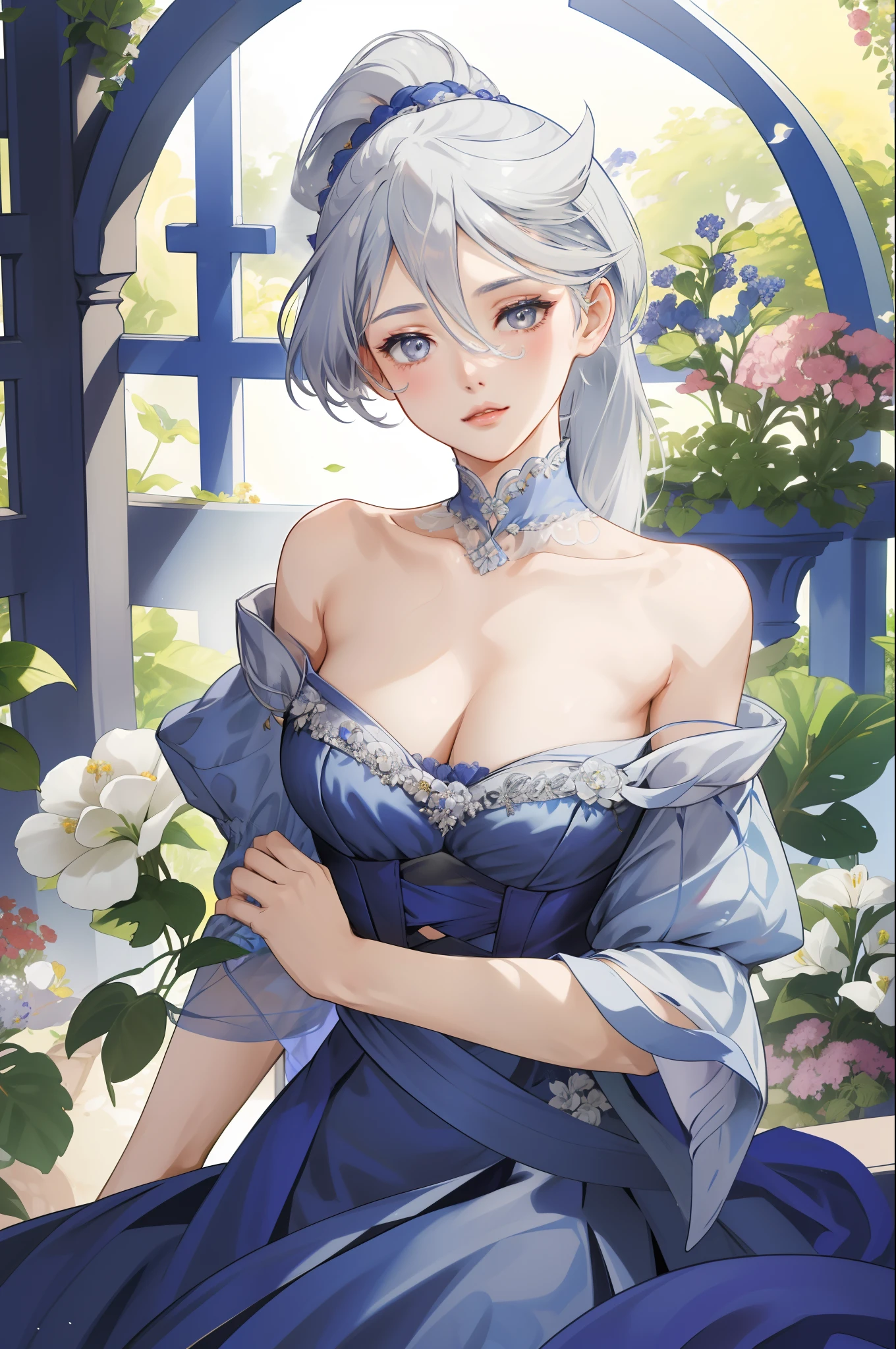 "1girl in an intricate blue wedding dress and moderate breast size, sensual cleavages, her silver hair styled in a ponytail. on flowers garden, sensual figure, focus on breast, look at viewer"