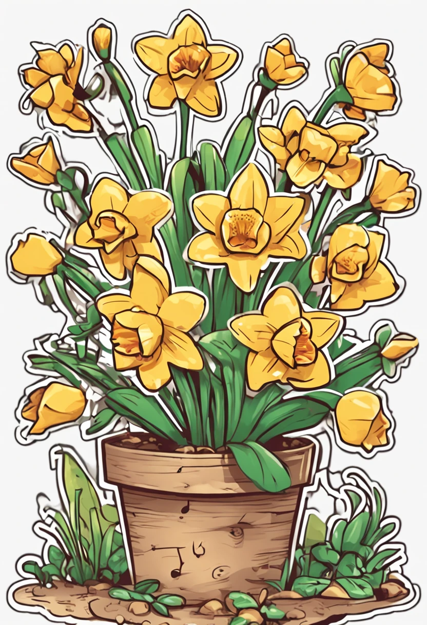 Sticker kawaii, Flower pot daffodils, Drawing is simple, white backgrounid, Sticker drawing for children from 3 to 6 years old,The elements are separated,There is a blank space in the middle
