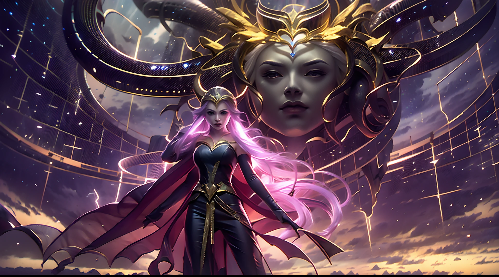 In this super grand scene,The wide-angle lens captures a striking picture。Two figures stand at opposite ends of the picture,The background is the collapse of heaven and earth,The lying corpses of the Heavenly Immortal Buddhas were as large as mountains, stretching across the void boundlessly,The golden sea of blood stretched to the sky,The Avenue of the Three Realms was broken,And in the boundless chaotic darkness。Above all,The figure of the weaver girl is graceful,Stand at this dark end,Like a blazing flame in the night,Like the goddess of darkness in a fairyland,Her presence exudes a majestic and majestic evil aura。She holds the Pauline lamp in her left hand,This is an artifact that symbolizes life and guardianship,The gentle glow of the lamp illuminates the cowherd,The right hand holds the heaven-opening axe,It was an ancient artifact that opened the world,The lines on the blade of the axe reveal ancient authority。There was fanaticism and determination in her eyes,As if a warrior in the dark,Do whatever it takes for some kind of goal,It seems to be an existence with endless wisdom。And across from her,It was the cowherd wearing a black robe,The black and yellow giant bull's head shadow stood behind him。This black scalper is huge,Carrying heavy history and strength。Its horns shone with a grim glow,It symbolizes an unshakable and firm will。His gaze is deep and powerful,As if it can penetrate the darkness,Find the light of hope。His battle robe fluttered in the wind,Reveals his bravery and determination。In front of it all,A thousand-square-foot high Magpie Bridge spans the void,Connecting darkness and light,It is a bridge beyond time and space built by countless hopes and loves incarnated as magpies。The Magpie Bridge emits a starry river,Like the last light between heaven and earth,A glimmer of hope for a world shrouded in destruction and darkness。The cowherd and the blackened seven fairies looked at each other and laughed,The eyes are full of tacit understanding and