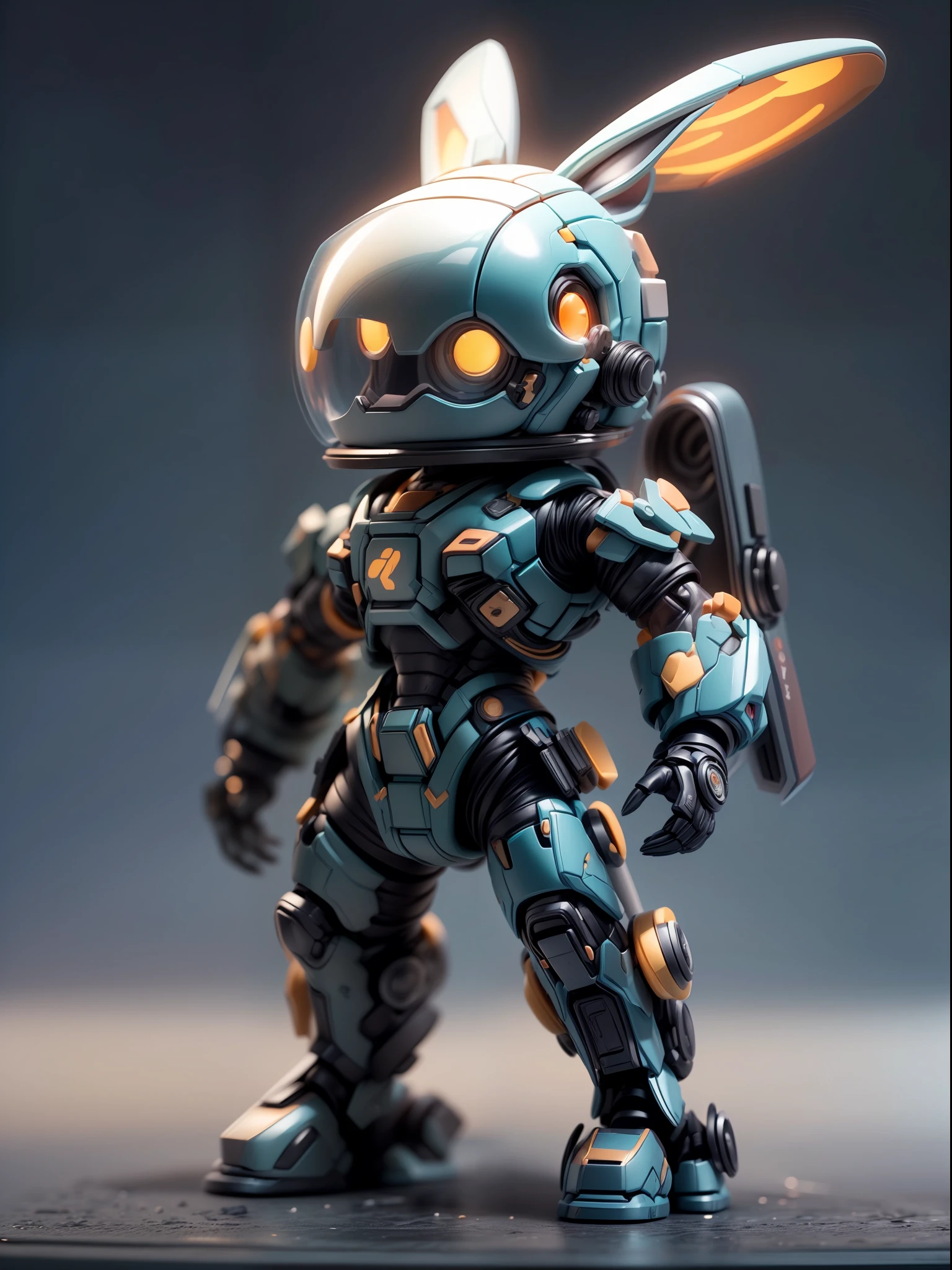 (Blind box toy style:1.3),((Full body shot)),(anthropomorphism),(1 strong rabbit warrior,solo),transparent plastic mecha,dreamy glow, cyberpunk style,Clean black background,white style,(circular base)( Global illumination, Ray tracing, hdr, unreal render,reasonable design, high detail, Masterpiece, Best quality, hyper HD, Cinematic lighting)
