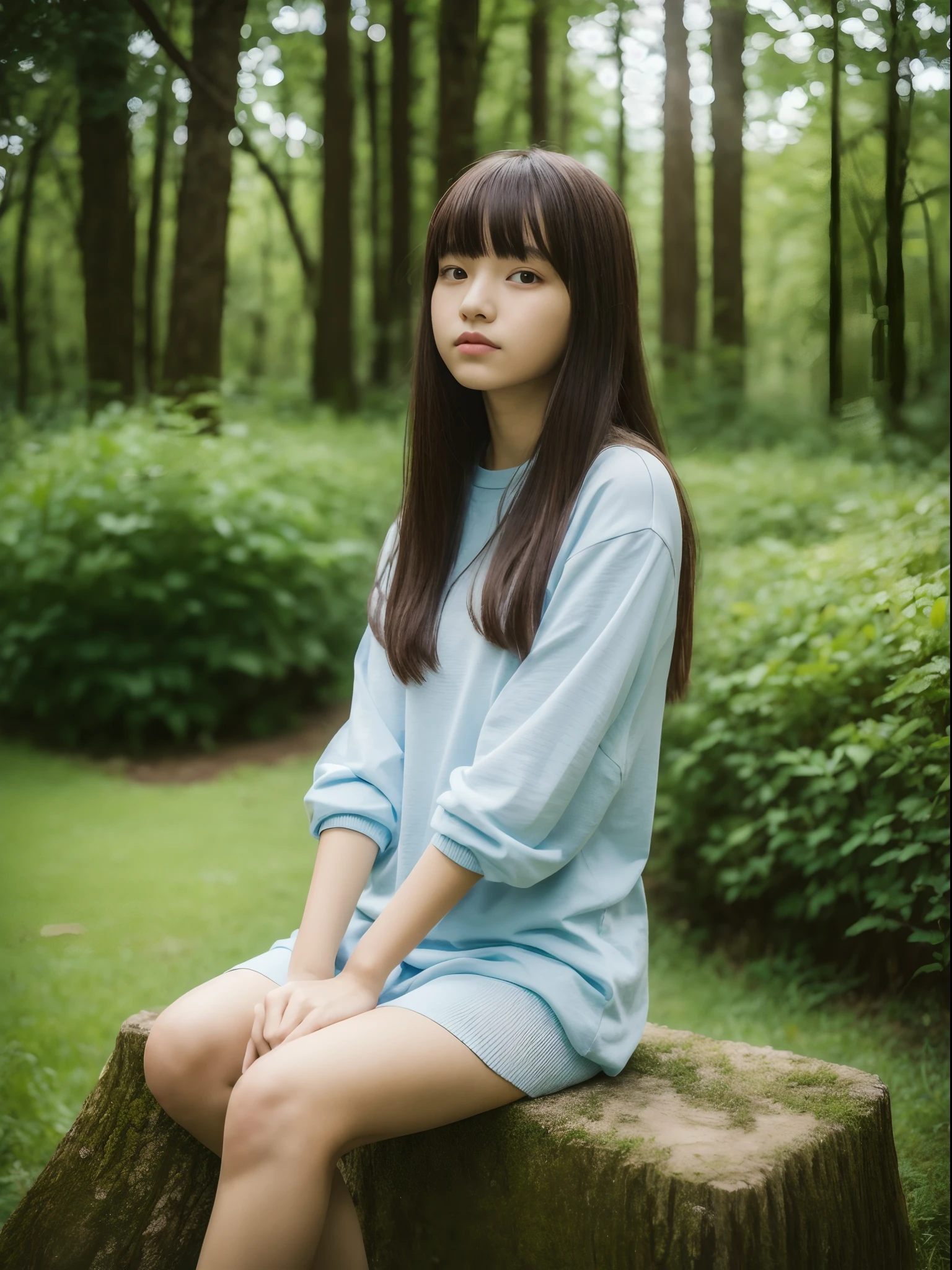 Full body shot, from side, (8K, Raw photography, top-quality, masuter piece:1.2), ultra-detailliert, ultra res, (realisitic, rialistic photo:1.37), (14 years old girl, Bangs, Detailed clothing, sitting on a small stump), semi long hair, Quarry in the forest, Lots of flowers and grass, musgo, Very beautiful scenery, portlate
