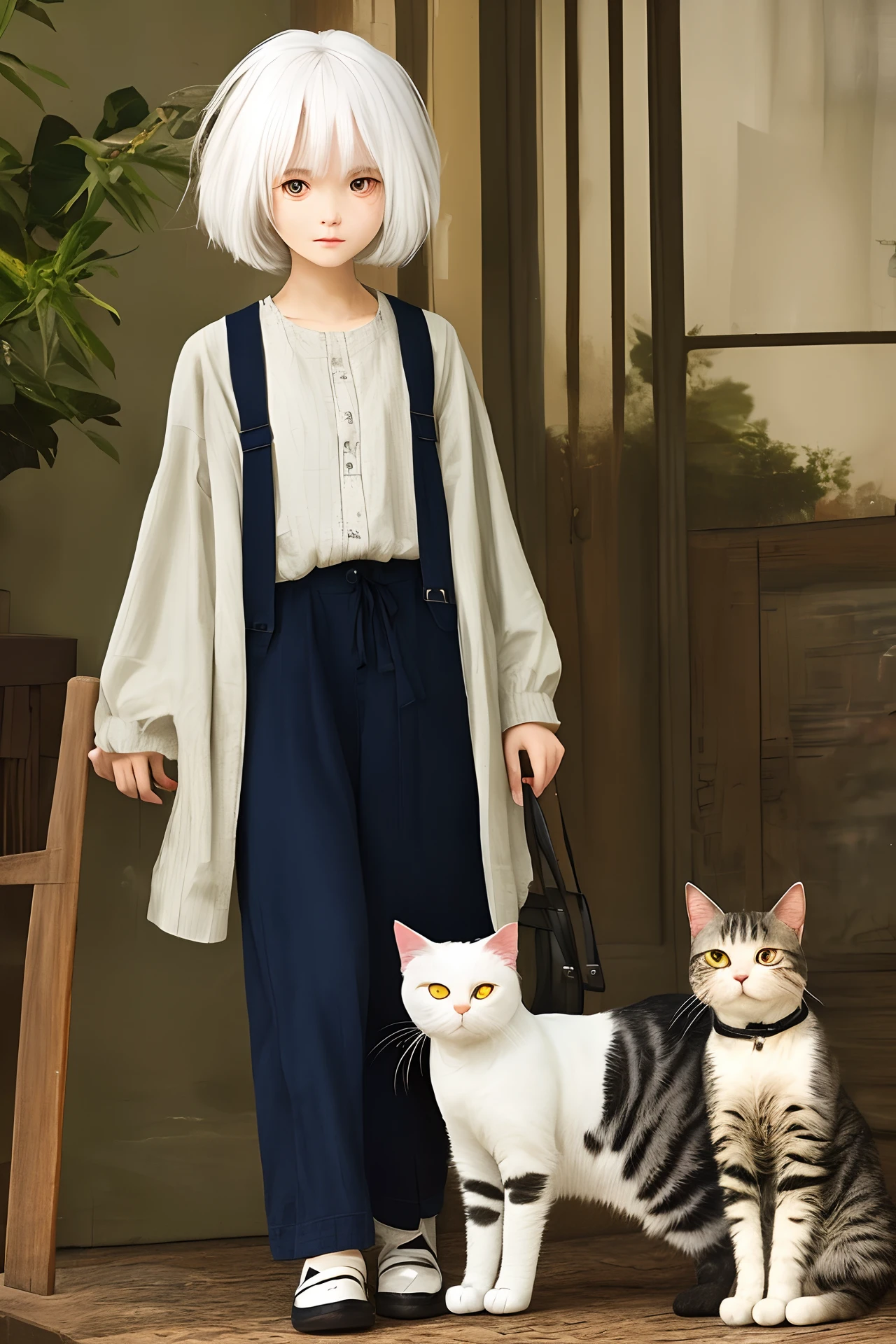 White hair and red eyes,Cat lady antique。
