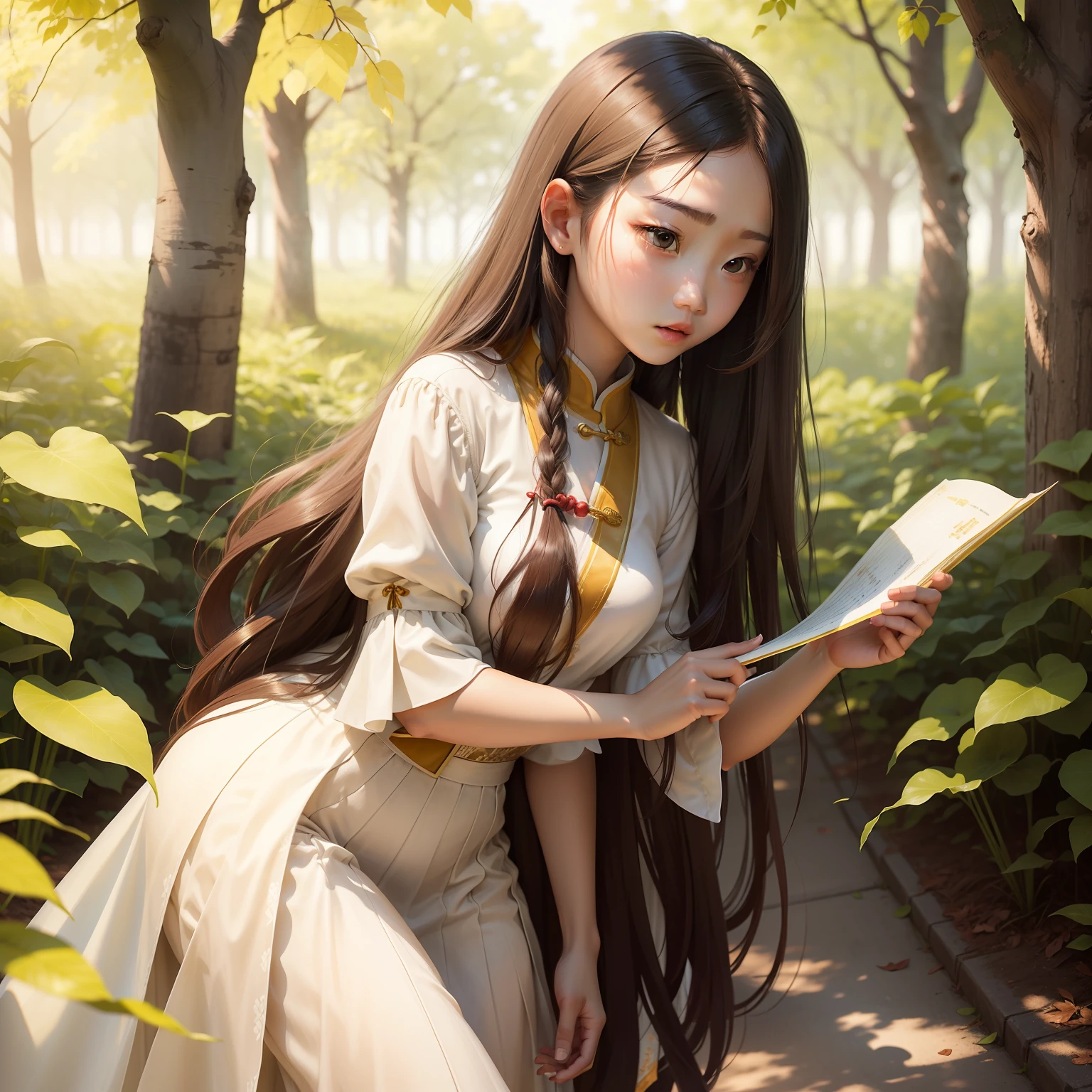 A -yeld gee Chinese girl,Long brown hair standing under the leaves of the sun, The sun shone on her long white dress and sang slightly