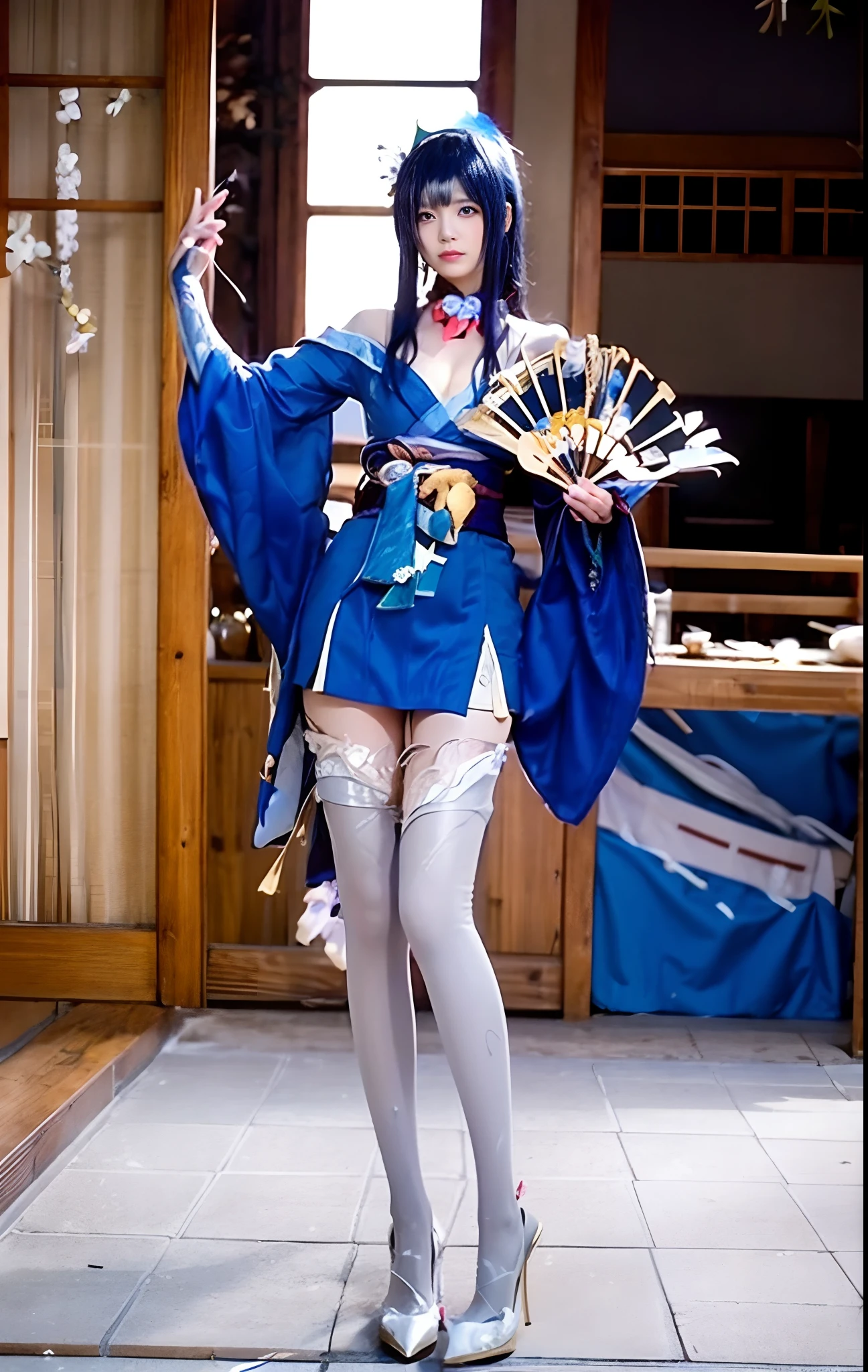 woman in blue dress holding fan and fan in front of a doorway, cosplay, anime cosplay, anime girl cosplay, cosplay photo, ornate cosplay, elegant glamourous cosplay, traditional japanese, costume with blue accents, glamourous cosplay, japanese goddess, cosplayer, professional cosplay, ayaka cosplay, keqing from genshin impact, japaneese style, waifu, in kimono