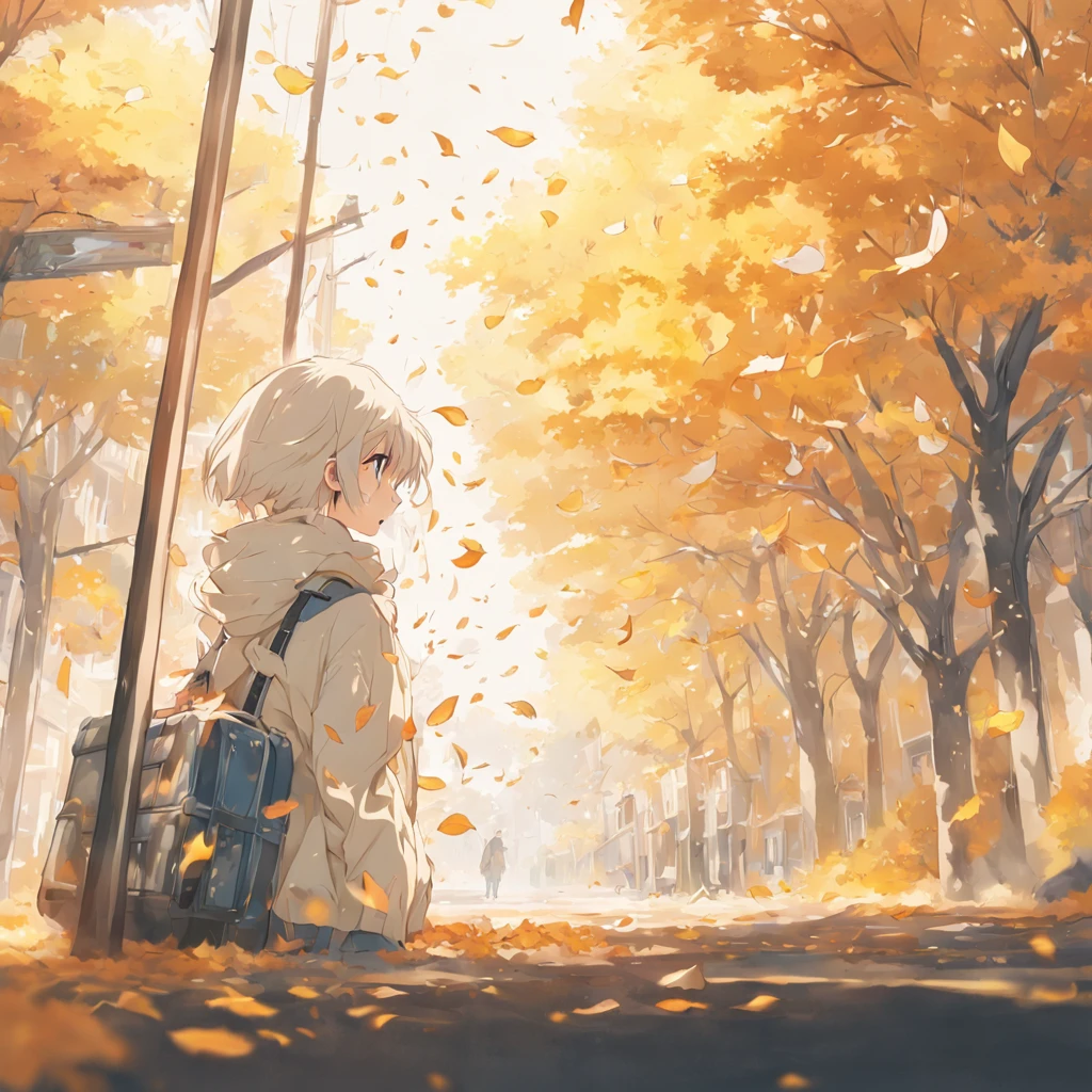 (White background:1.4),(Autumn in Matsue),Outside the car window are falling ginkgo leaves,Sitting on the bus and looking out the window,( reasonable design, Clear lines, High sharpness,Best quality, Very detailed, Masterpiece, movie light effect, 4K )