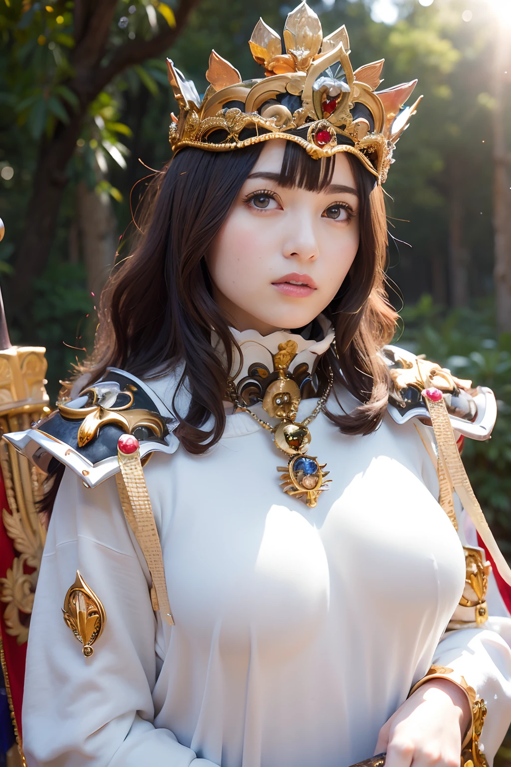 (masutepiece), Professional , ​masterpiece、top-quality、photos realistic , depth of fields （Gemstone Silver Metal Body:1.９),(Matte White、Jewel Gold Weapon（Jewel Metal Body:1.４),Gorgeous metal weapons , Detailed Sword of the Brave , Beautiful knife   ,warhammer 40k , adepta sororitas,Detail and ornate jewel crown、Black hair、Gangle's forest background、Beautiful Caucasian beauty、１a person、dynamic ungle,(((Detailed and ornate diamond crown)))、Smaller head、A smile、Background inside the castle、Thin and beautiful female hands、cleavage of the breast、Soldier in iron armor on background、Soldier in iron armor on background、Mystical expression、Light Effects、