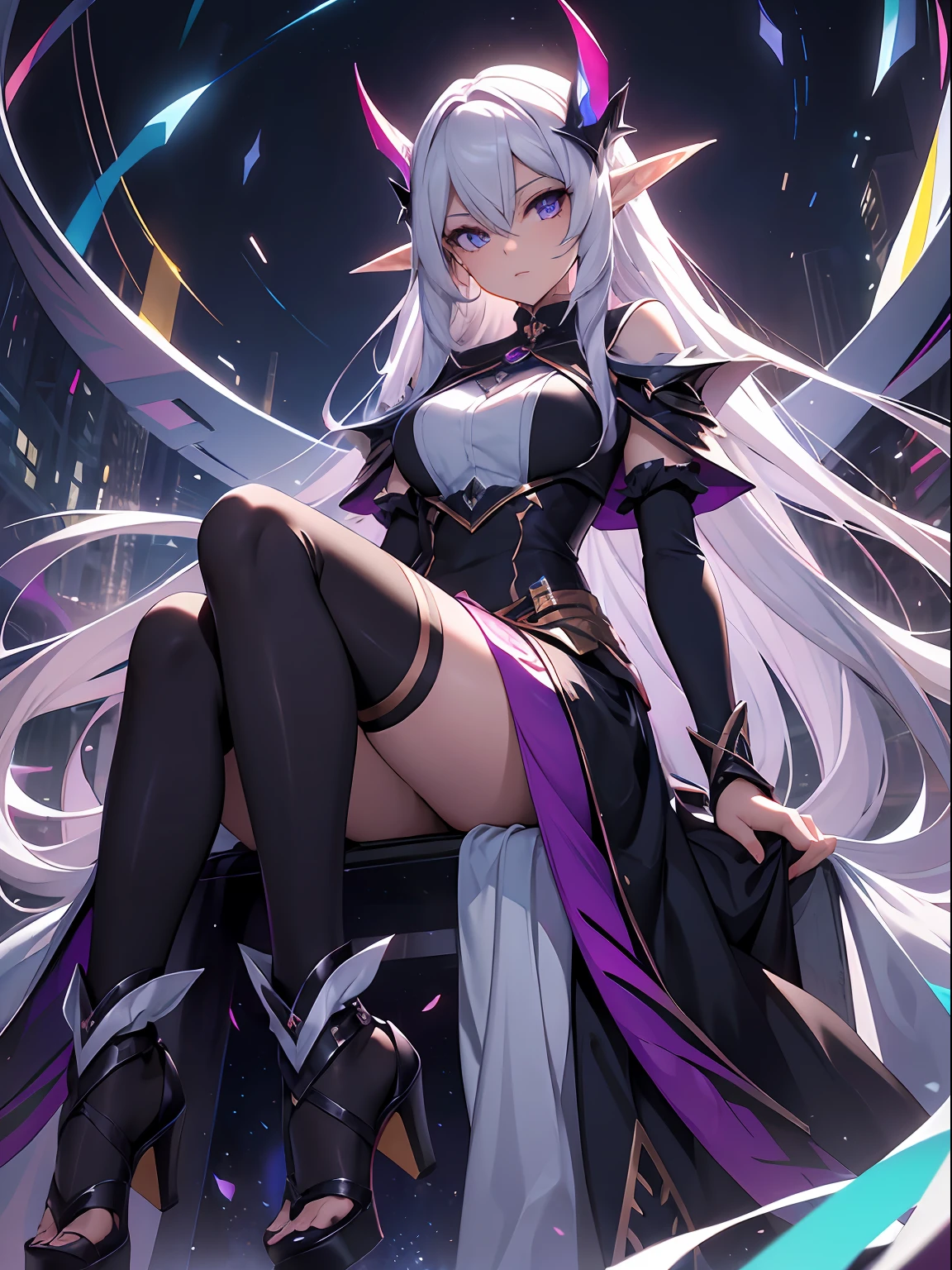 best qualityer，tmasterpiece，Ultimate resolution，downy，Extremely colorful，Colorful，Night，dark night background，Long flowing white hair，(Dark Elves+)，Kneeling pose，a matural female，Black pedal socks，（heeled sandals），Normal posture，Normal posture