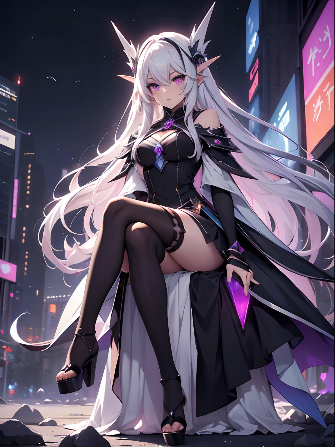 best qualityer,tmasterpiece,Ultimate resolution,downy,Extremely colorful,Colorful,Night,dark night background,Long flowing white hair,(Dark Elves),a matural female,Black pedal socks,(heeled sandals),Extremely normal posture,Normal posture