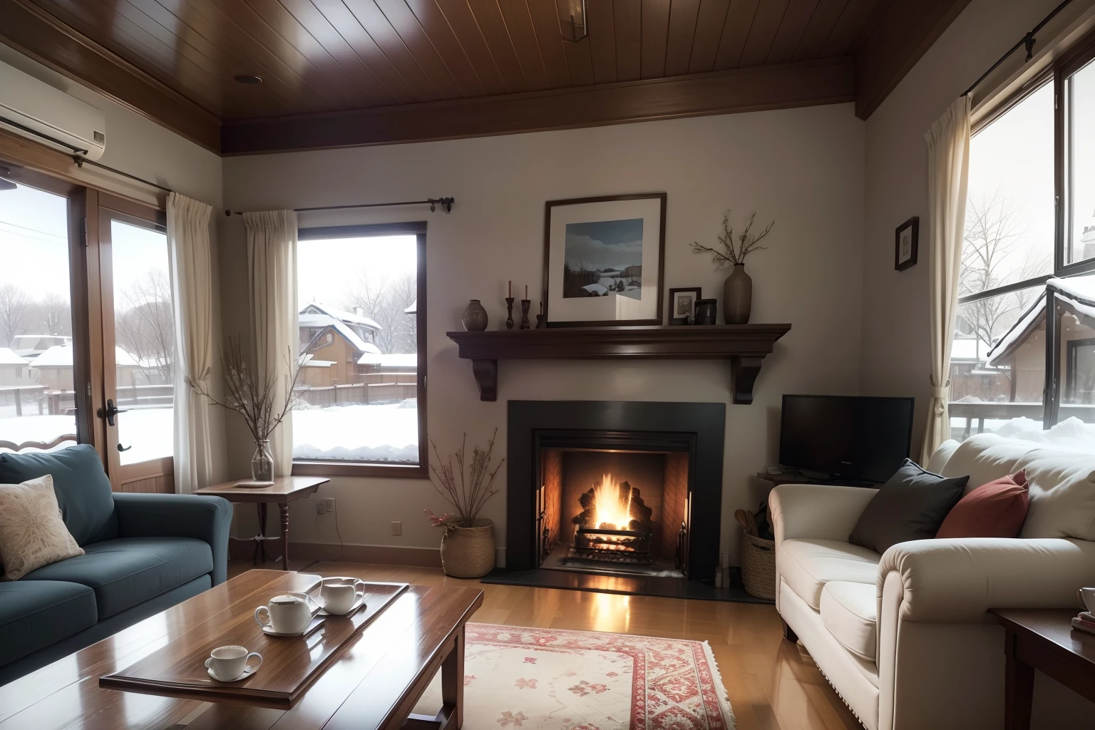 There was snow on the houses in the distance,Warm with a fireplace indoors,There was a sofa、a chair、tea table