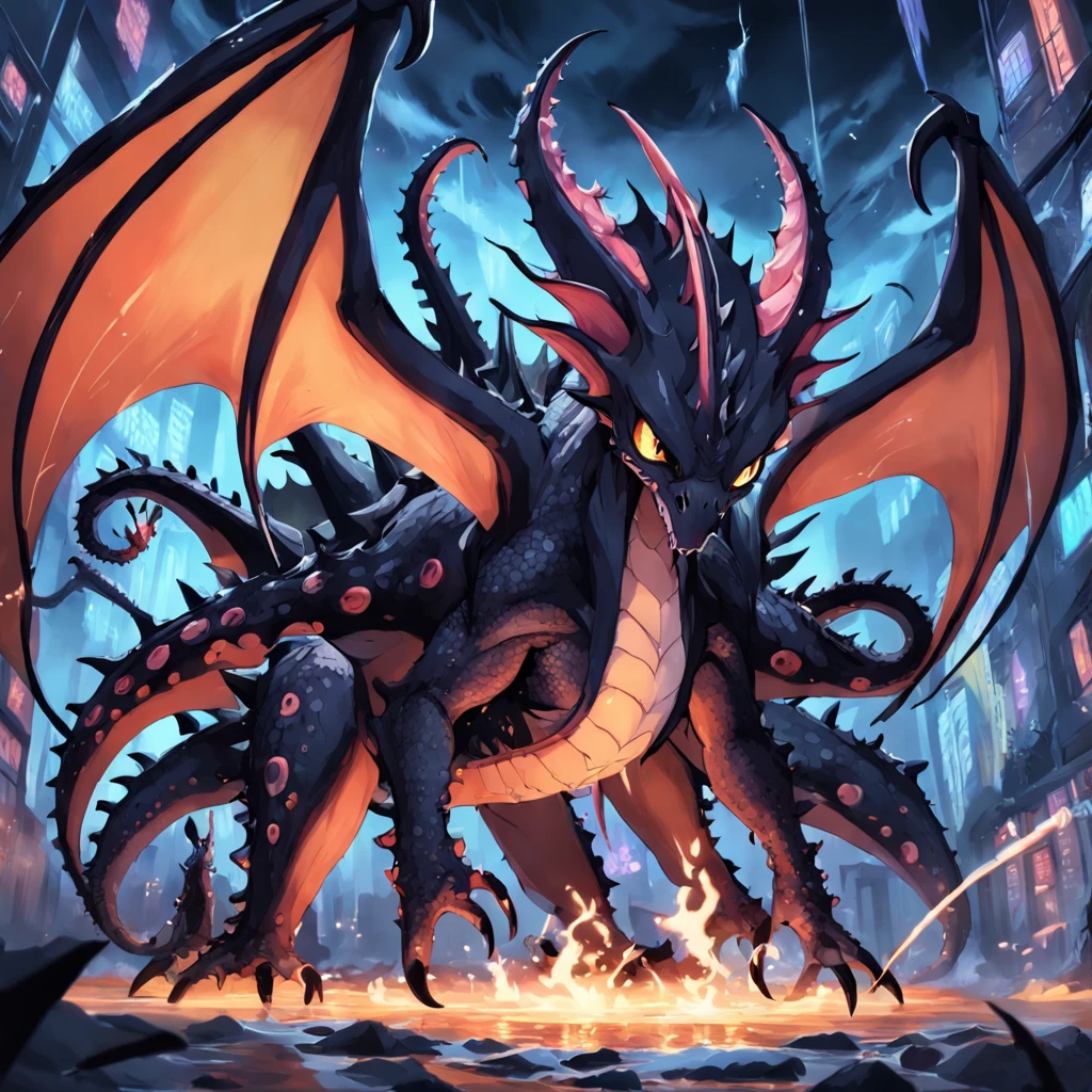 cephalopod, black scaled tentacles, black spikes and horns, black spiked dragon-like wings, deity of storms and chaos, masterpiece, Best Quality