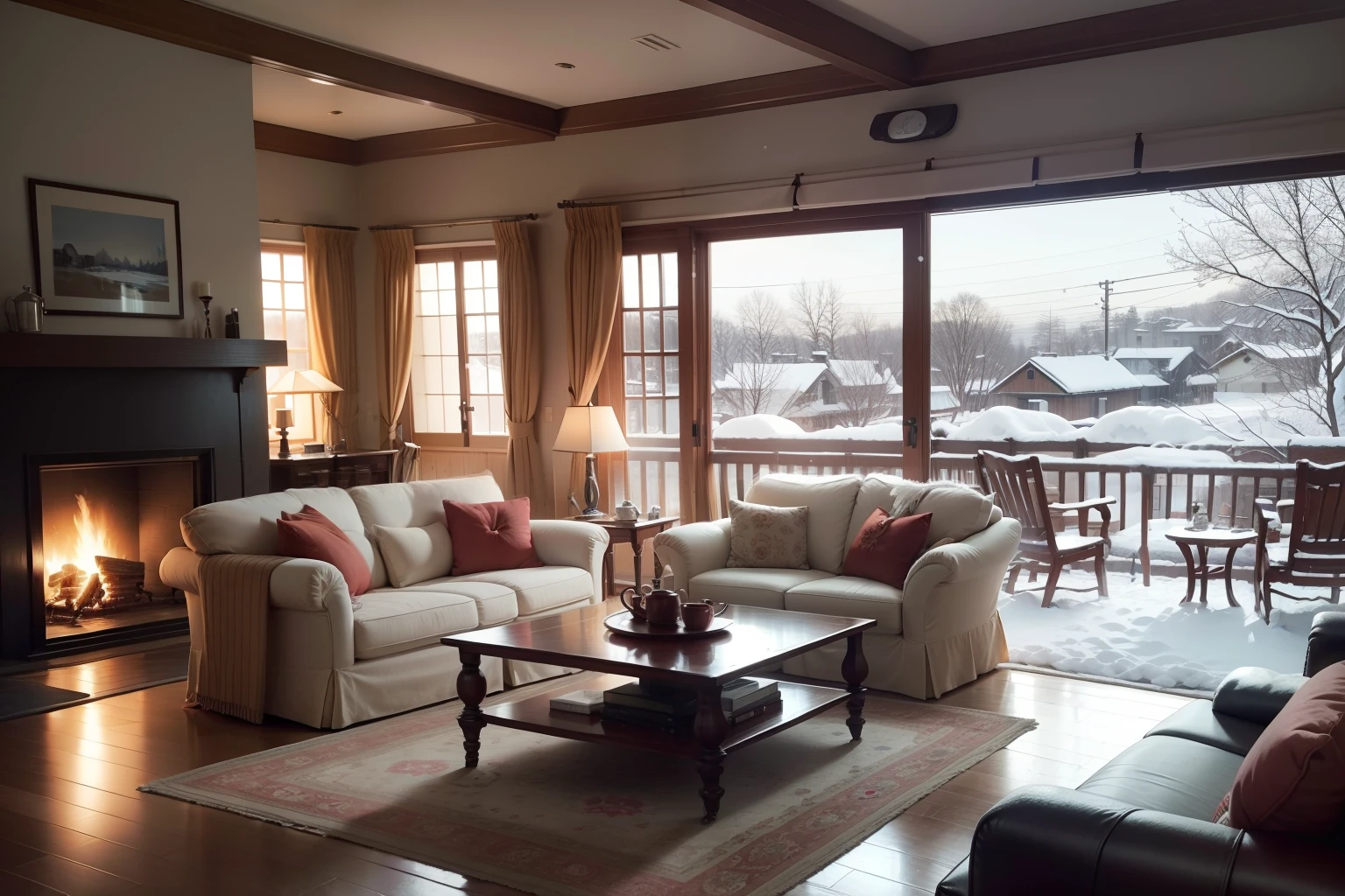 There was snow on the houses in the distance,Warm with a fireplace indoors,There was a sofa、a chair、tea table