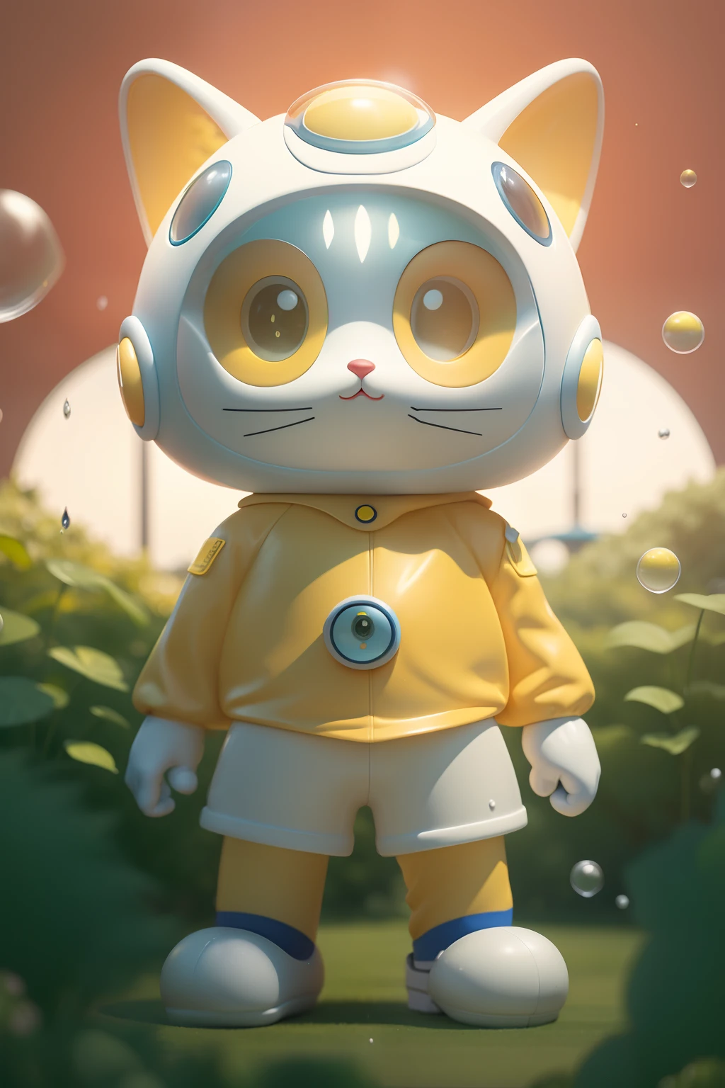 Doraemon style anthropomorphic cartoon cat, In the garden,Cat beard,White yellow,Telescope on the head,yellow outfit, Park background,Background with, Bubble Mart, full bodyesbian, Depth of field, Transparent material raincoat,C4D,((Do not wear helmets:1.4))
