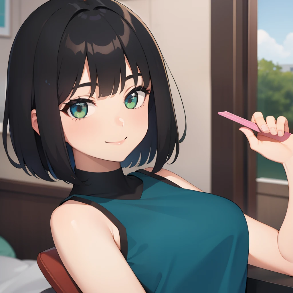 1girl in,money,Shyness,a smile,A dark-haired,bob cuts