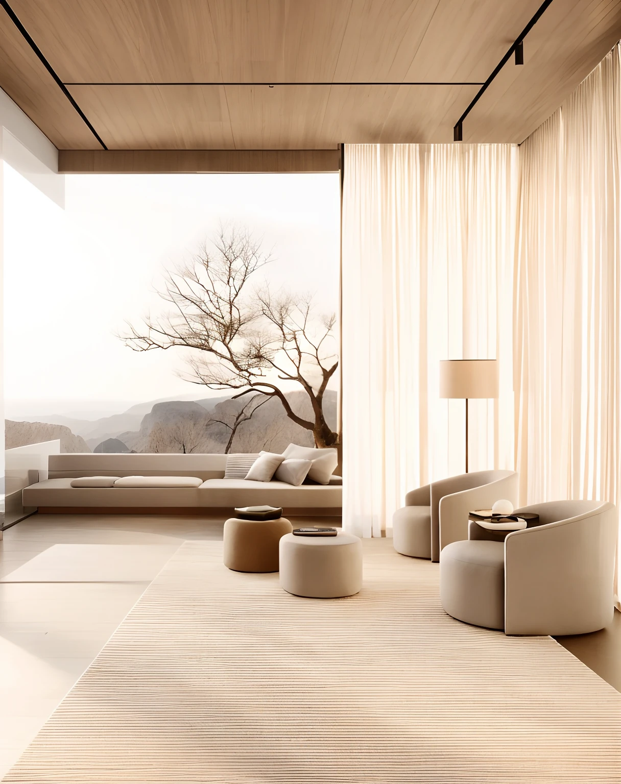 There was a room，There are large windows and chairs, serene and peaceful style, cream - colored room, soft zen minimalist, soothing and cozy landscape, warm interior, natural window lighting, airy landscape, beige color scheme, quiet and serene atmosphere, sand - colored walls, beige and dark atmosphere, warm interior, Relaxing environment, elegant minimalism, beautiful aesthetic design