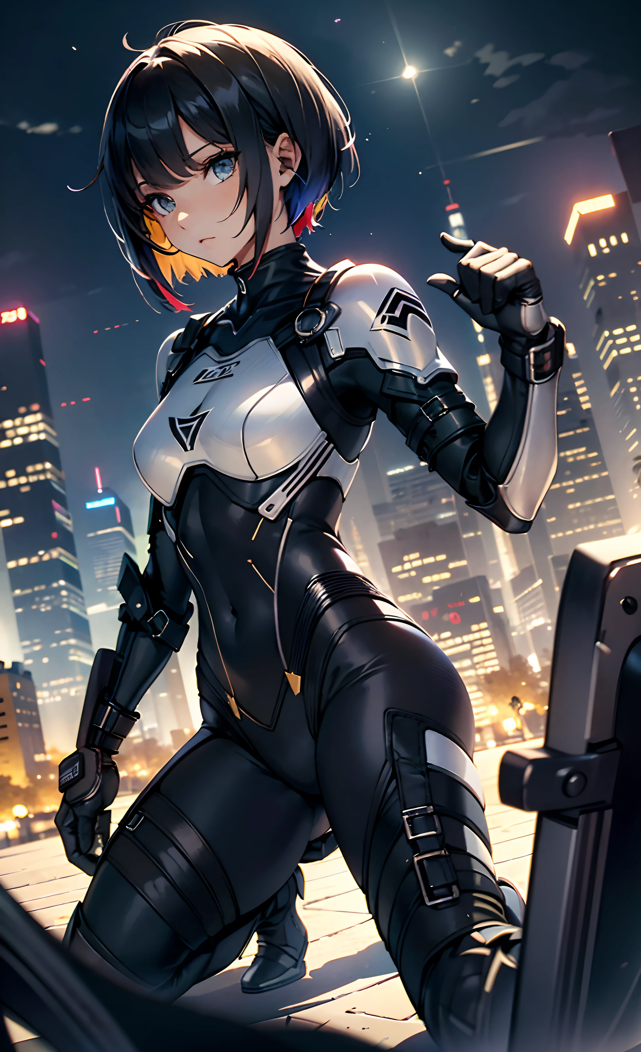 best qualityer,tmasterpiece,Ultimate resolution,downy,Extremely colorful,Colorful,Women combatants,(Kneeling pose)(point you by ass)a matural female,Black super short hair,Tight combat suit,tightsuit,Steel City background,the night,Normal posture,Normal posture