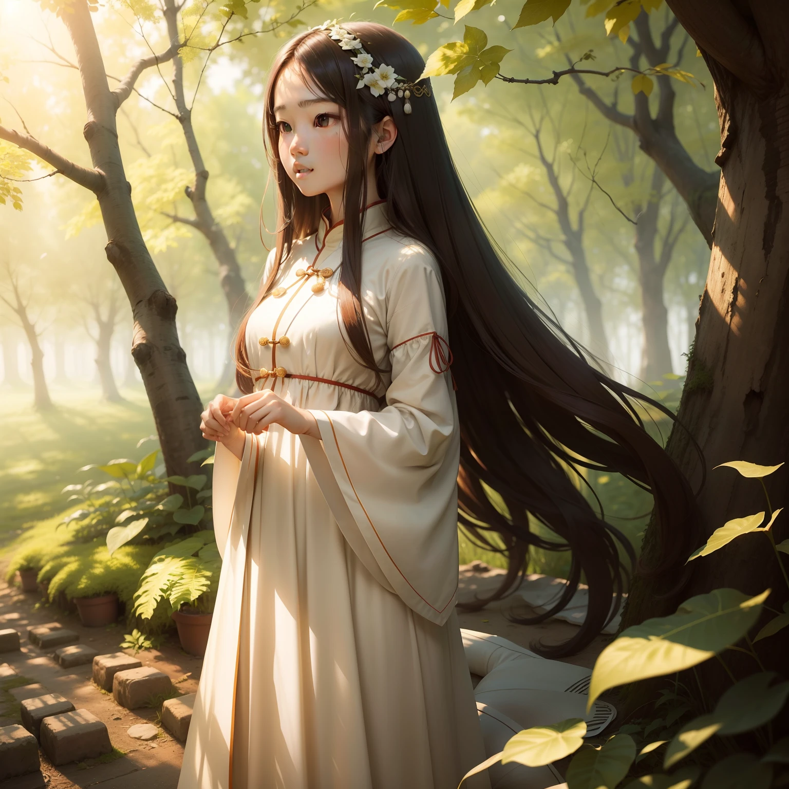 Transparent long hair、hime-cut、Golden Eyes、eye glasses、ssmile、early teenage girls、flat chest、Thin pubic hair、Beautiful open legs、bath robe、the woods