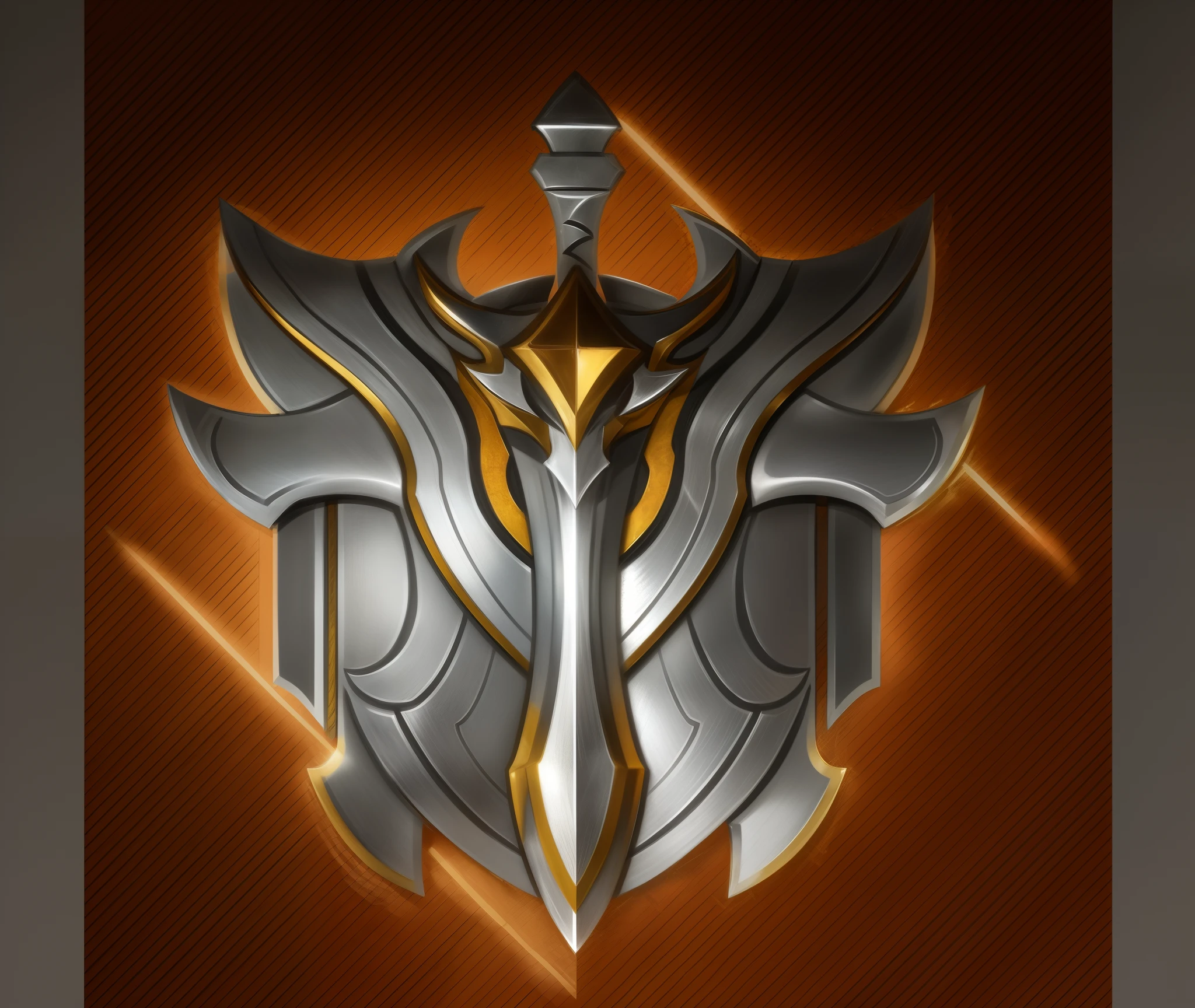 Close-up of a metal shield with a sword, shield design, symmetric concept art, The sword, bronze skin, blade design, simple shading, minimal design armor style, A scene from the《Intrepid Covenant》Omen, lineage 2 revolution style, style of league of legends, emblem of wisdom, concept art style, fantasy shield, Riven, valorant style