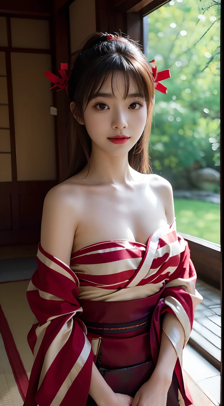 Unbeatable masterpiece, Ultra photo realsisim, Perfect artwork, Intricate details, Best quality, strong lights,High contrast, masutepiece , Best quality , offcial art ,the Extremely Detailed CG Unity 8K Wallpapers ,1girll , Solo , Realistic , Makeup , A high resolution , full body Esbian , view the viewer , Smile, bangs , Bare shoulders , Brown hair ,crossed bangs , hair between eye , Japanese style costume , komono , Long ,Mask , masks on head , cropped shoulders , cparted lips , Red eyes , red kimono , Red ribbon ,bow ribbon , sash , skyporn , Solo , striped ribbon ,taihou \(Rainel Blue) , double tails , Very hairy , Wide sleeves , (Shiny skin) ,