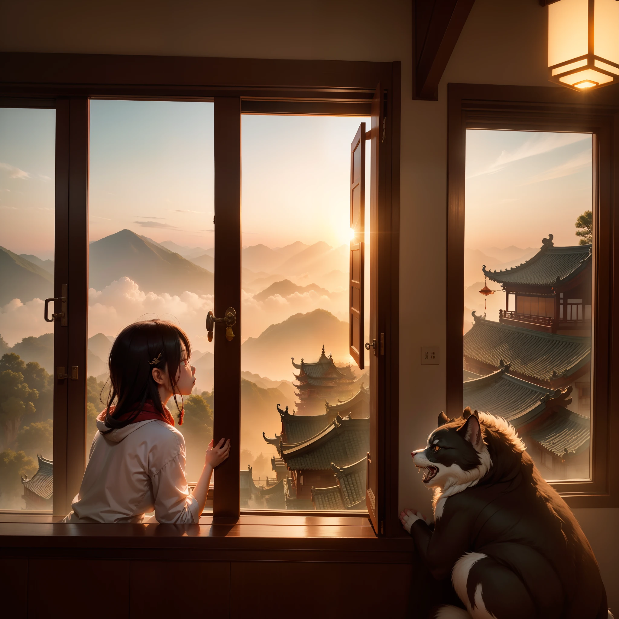Qingfang, at home, window, Watching the sunrise
