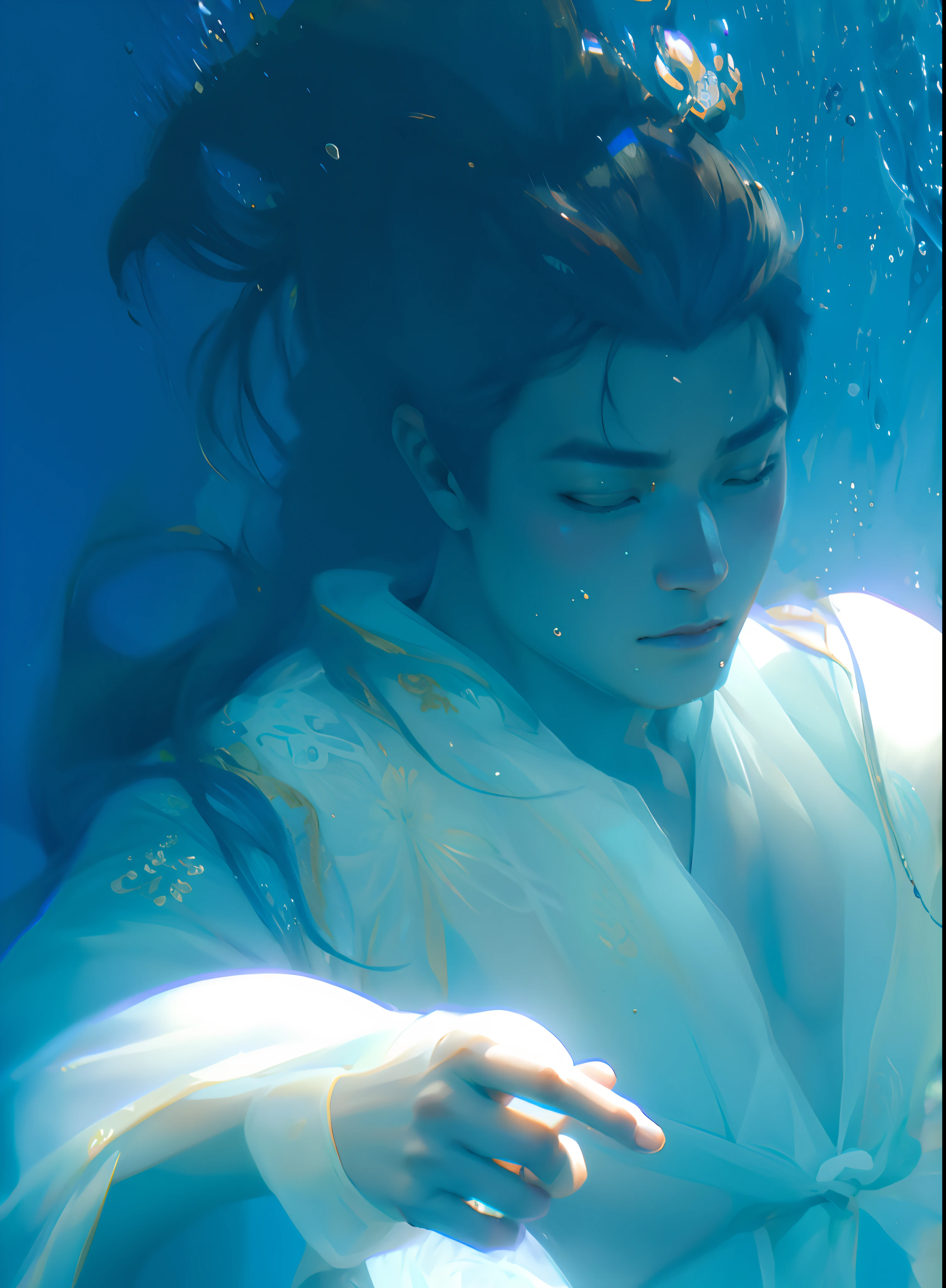 A handsome young man wearing a robe underwater，Soft glowing style，Xiao Zhan，Big handsome guy，Invincible big handsome guy，Indescribable beauty，In Asian style，influenced by ancient chinese art，Romantic soft focus and ethereal light，32k uhd ，gold light，up-close，closeup cleavage，the detail，delicated，8k，tmasterpiece，top Quority，Oriental classical art
