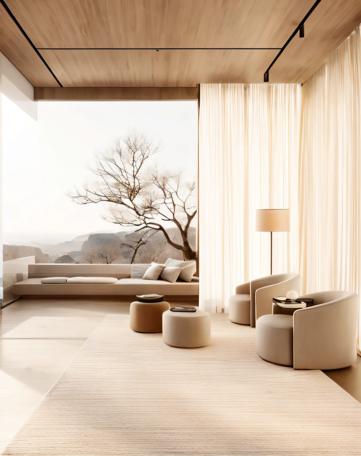 There was a room，There are large windows and chairs, serene and peaceful style, cream - colored room, soft zen minimalist, soothing and cozy landscape, warm interior, natural window lighting, airy landscape, beige color scheme, quiet and serene atmosphere, sand - colored walls, beige and dark atmosphere, warm interior, Relaxing environment, elegant minimalism, beautiful aesthetic design