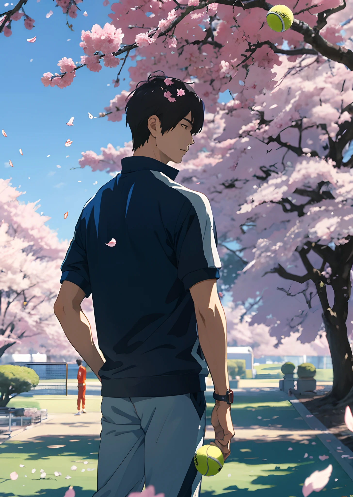 夏天，A cold adult male god with a tennis ball on his back，Handsome half-blood，He is 188cm tall，with short black hair，Wearing gray-blue tracksuits，Stand under the cherry blossom trees，Petals fly around。