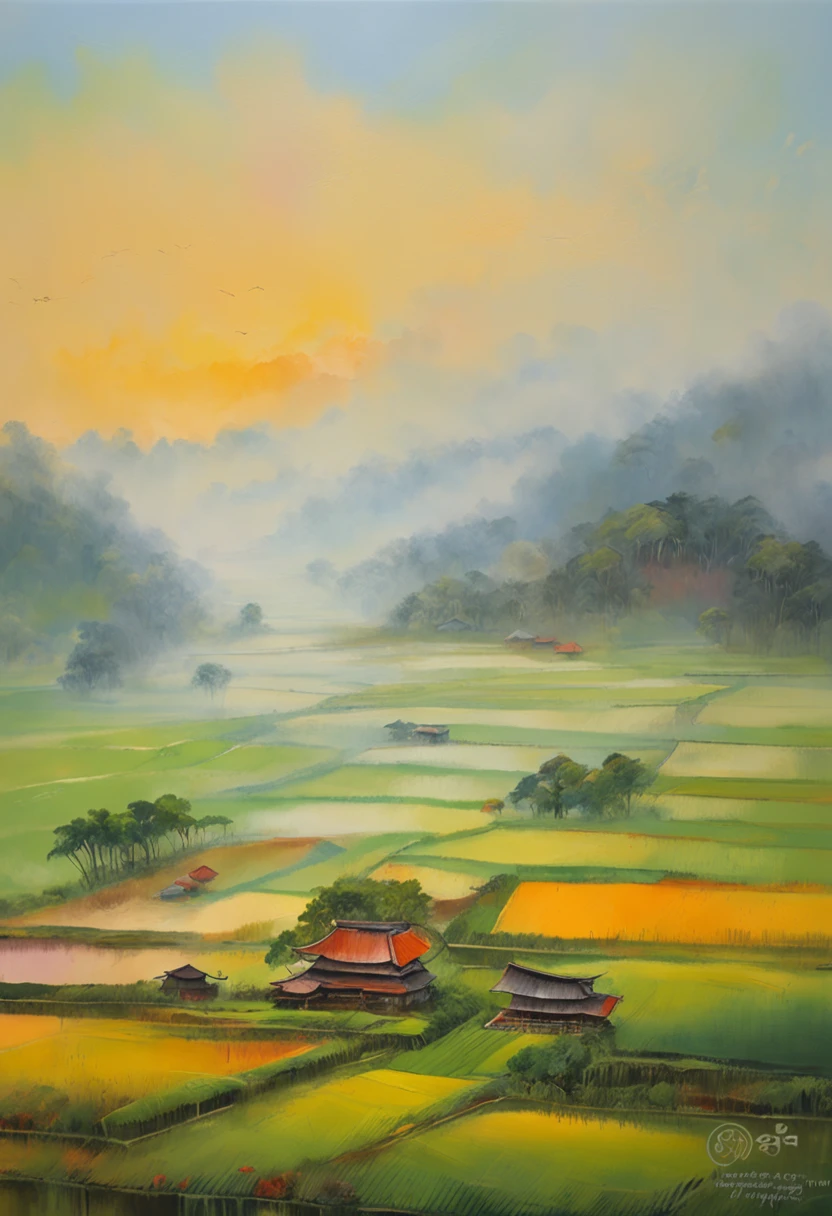 Painting of a landscape with a farm and a house in the distance - SeaArt AI