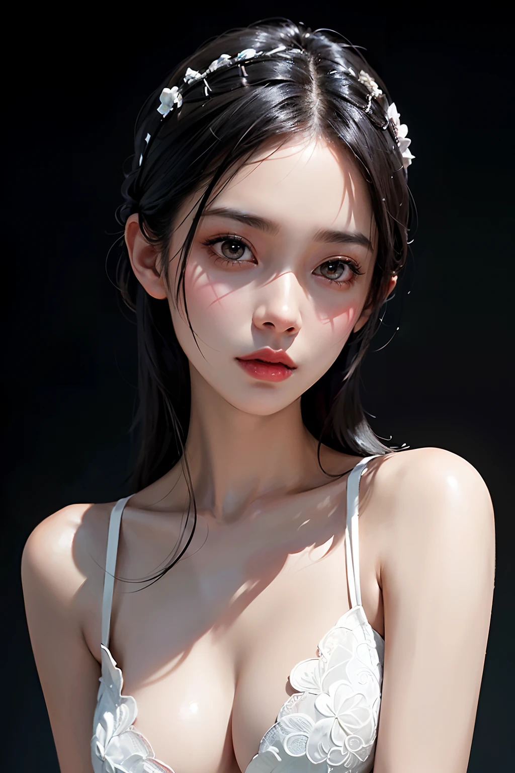 Photorealistic portrait of a young sensual woman with black hair, half body shot, dressed in a white bra, intricately on her bra, elegant, graceful, contemplative, enigmatic, intricately detailed, concept art