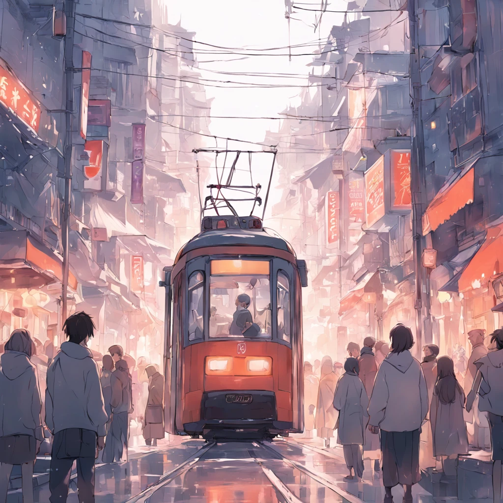 (White background:1.4),(Roadside trams pass slowly)，Rows of street shops and bustling crowds，Crowds and lively shops,( reasonable design, Clear lines,,Best quality, Very detailed, Masterpiece, movie light effect, 4K )