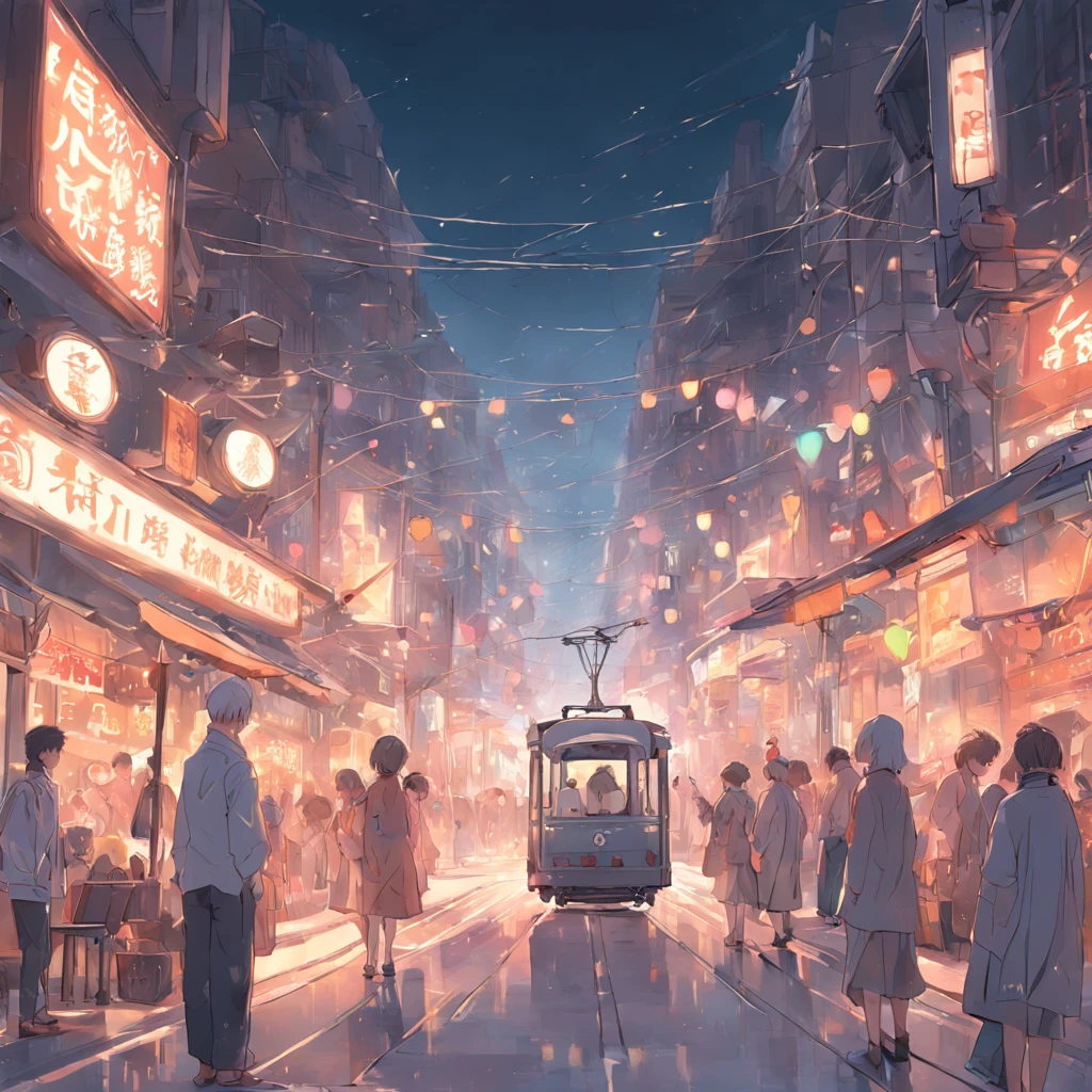 (White background:1.4),(Roadside trams pass slowly),Rows of street shops and bustling crowds,Crowds and lively shops,( reasonable design, Clear lines,,Best quality, Very detailed, Masterpiece, movie light effect, 4K )