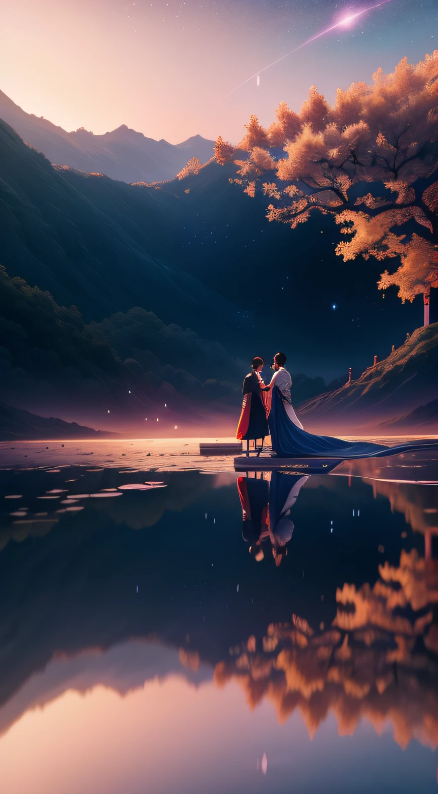 A Chinese couple,wearing a hanfu,Starcloud,ultra very long shot,Wide view,Hope is abundant,illusory engine,