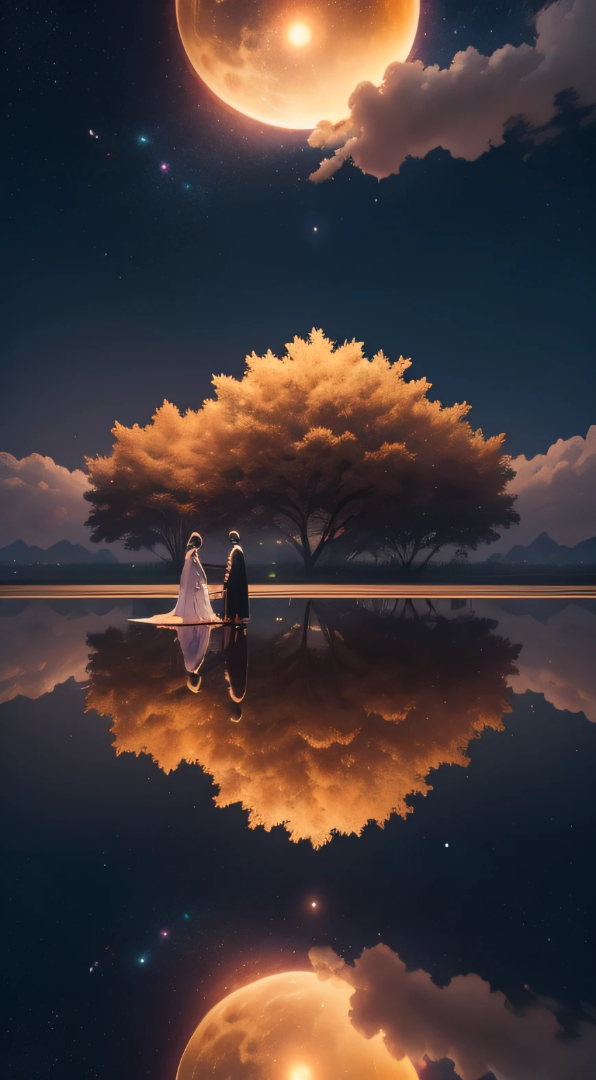 A Chinese couple,wearing a hanfu，Starcloud,ultra very long shot,Wide view,Hope is abundant,illusory engine,